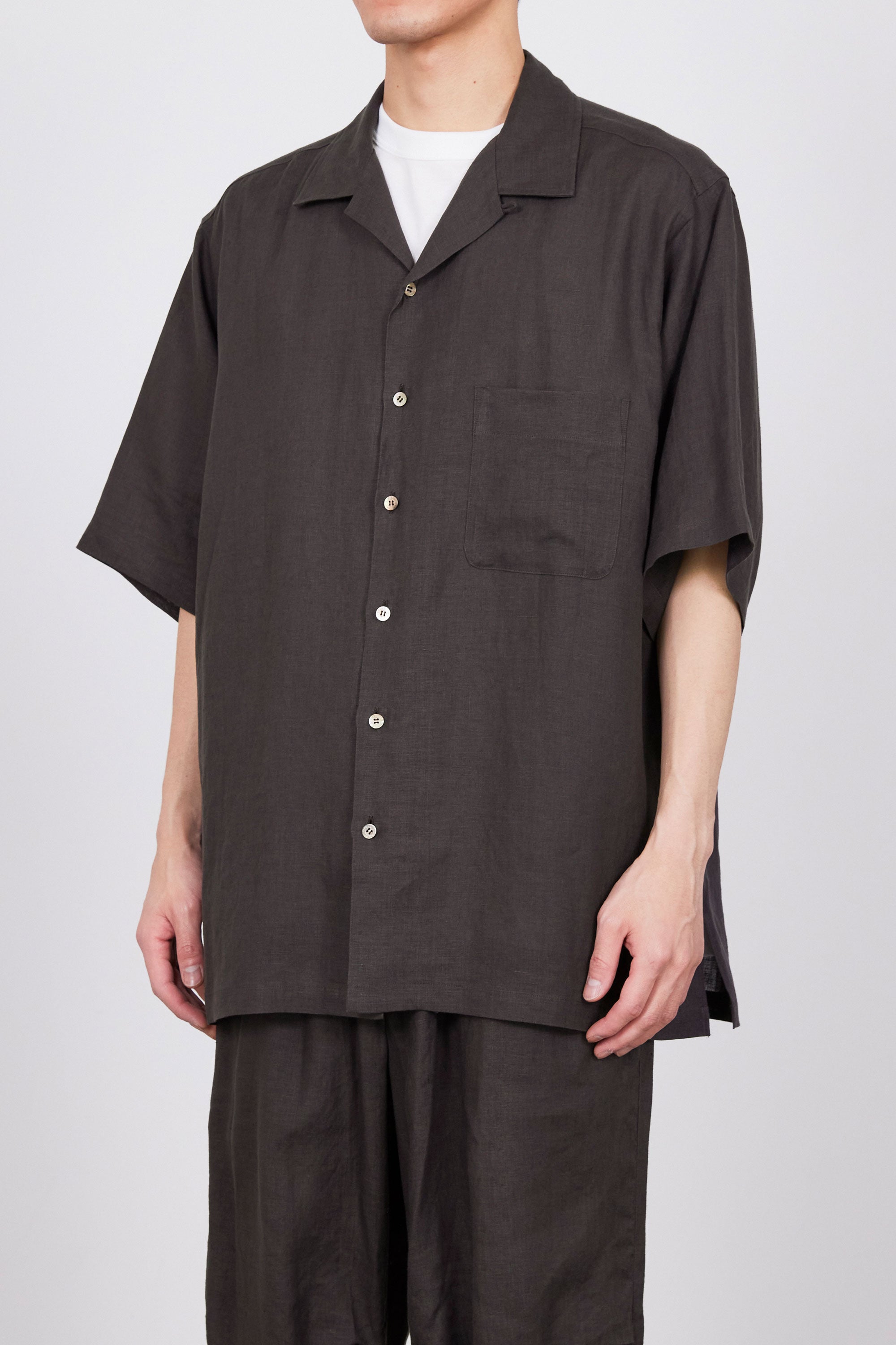 HEMP SHIRTING OPEN COLLAR WIDE SHIRT S/S, Coffee Brown