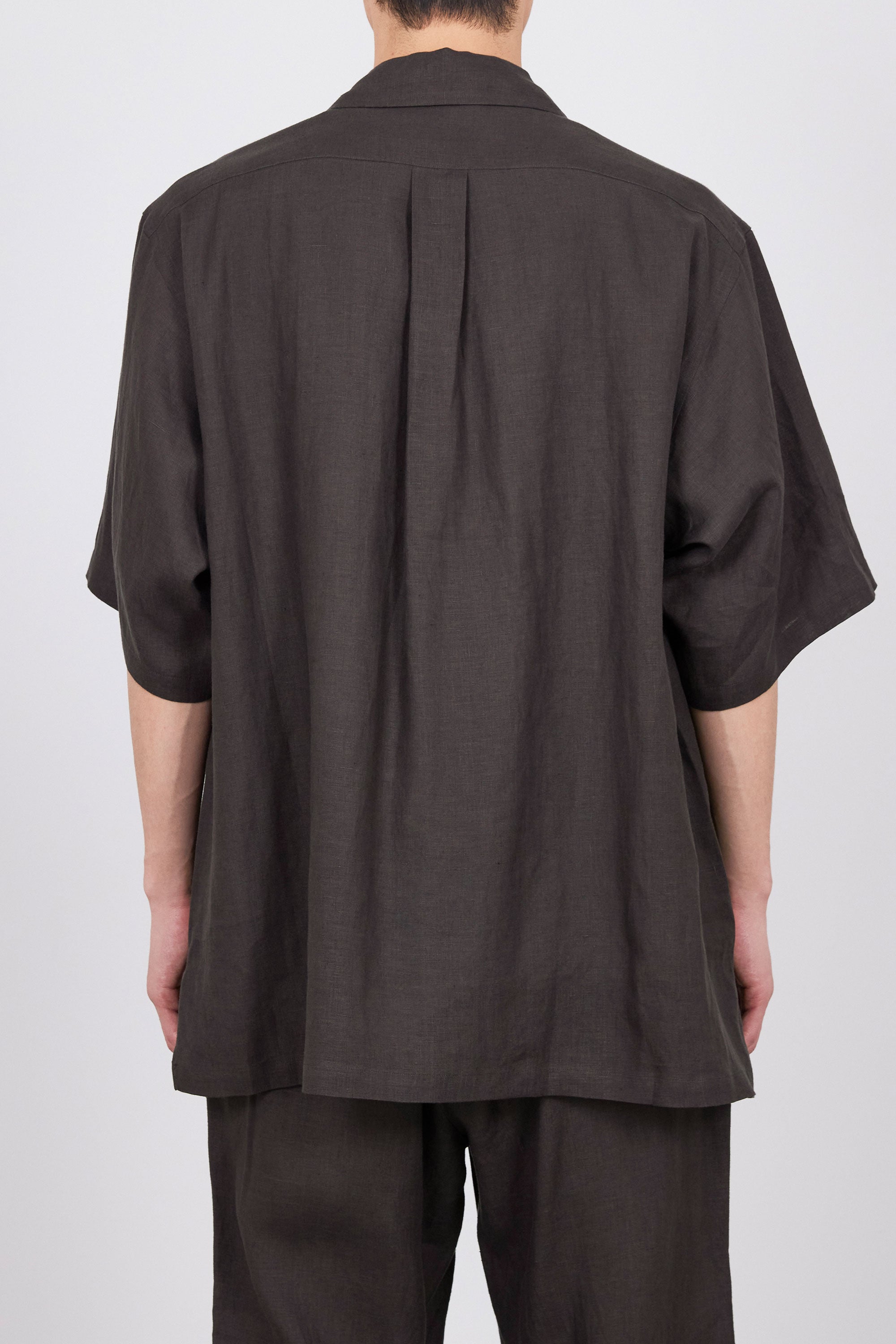 HEMP SHIRTING OPEN COLLAR WIDE SHIRT S/S, Coffee Brown