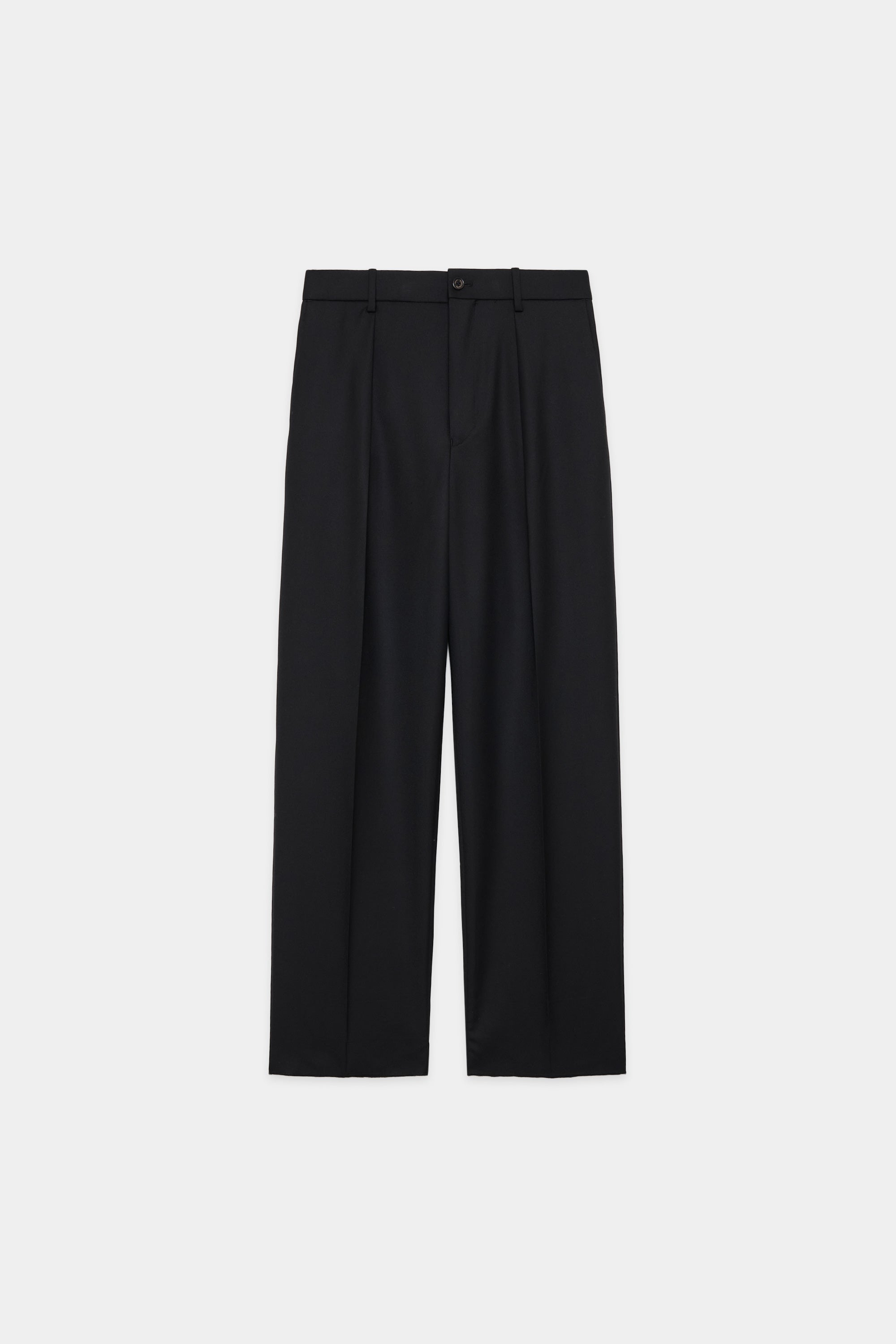 2/72 ORGANIC WOOL SERGE ONE TUCK TAPERED TROUSERS, Black