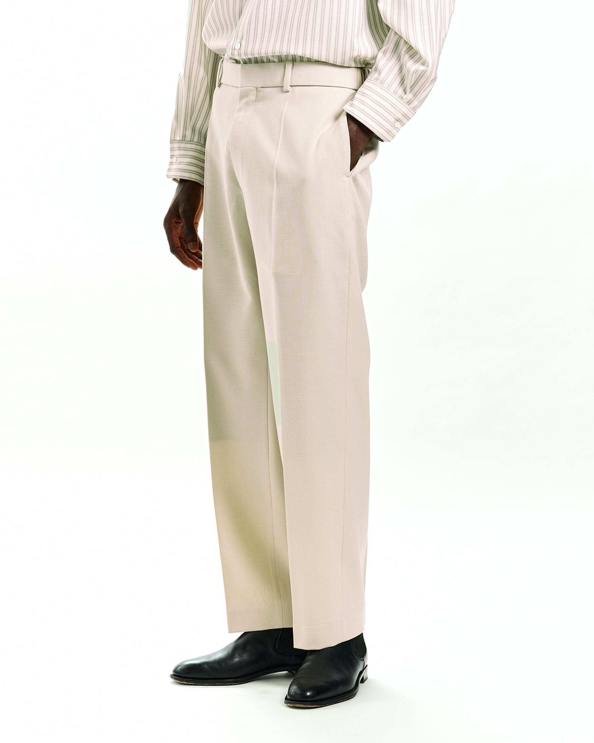 ORGANIC WOOL SURVIVAL CLOTH FLAT TAPERED TROUSERS, Dirty White