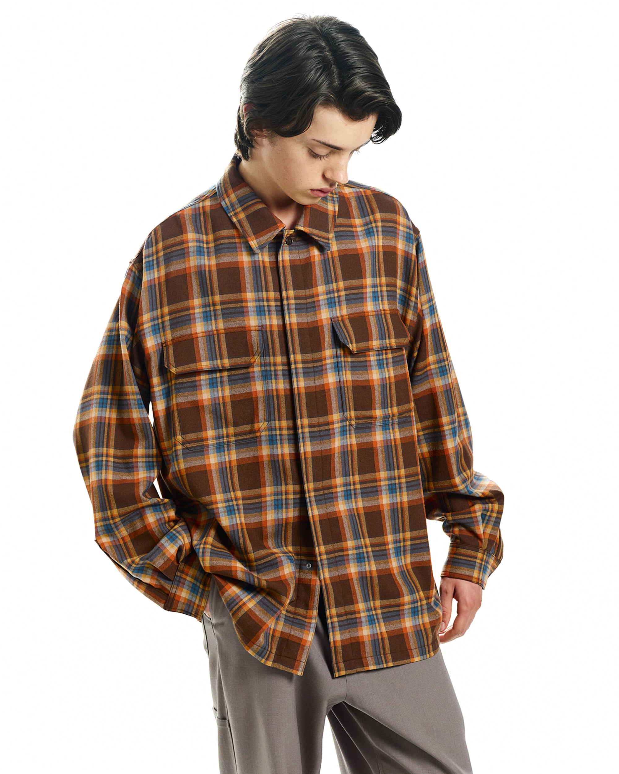 WASHABLE WOOLEN CHECK SNAP OVER SHIRT, Orange Check