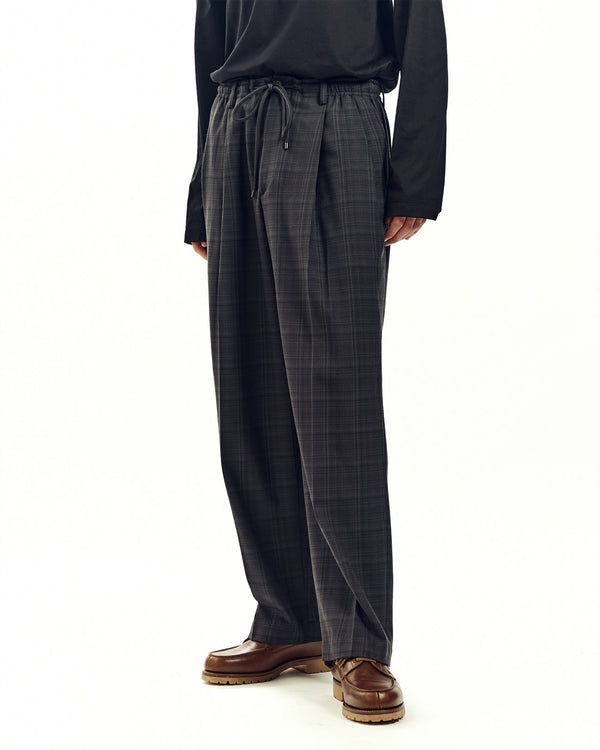 ORGANIC WOOL CHECK VIYELLA DOUBLE PLEATED EASY TROUSERS, Charcoal Check