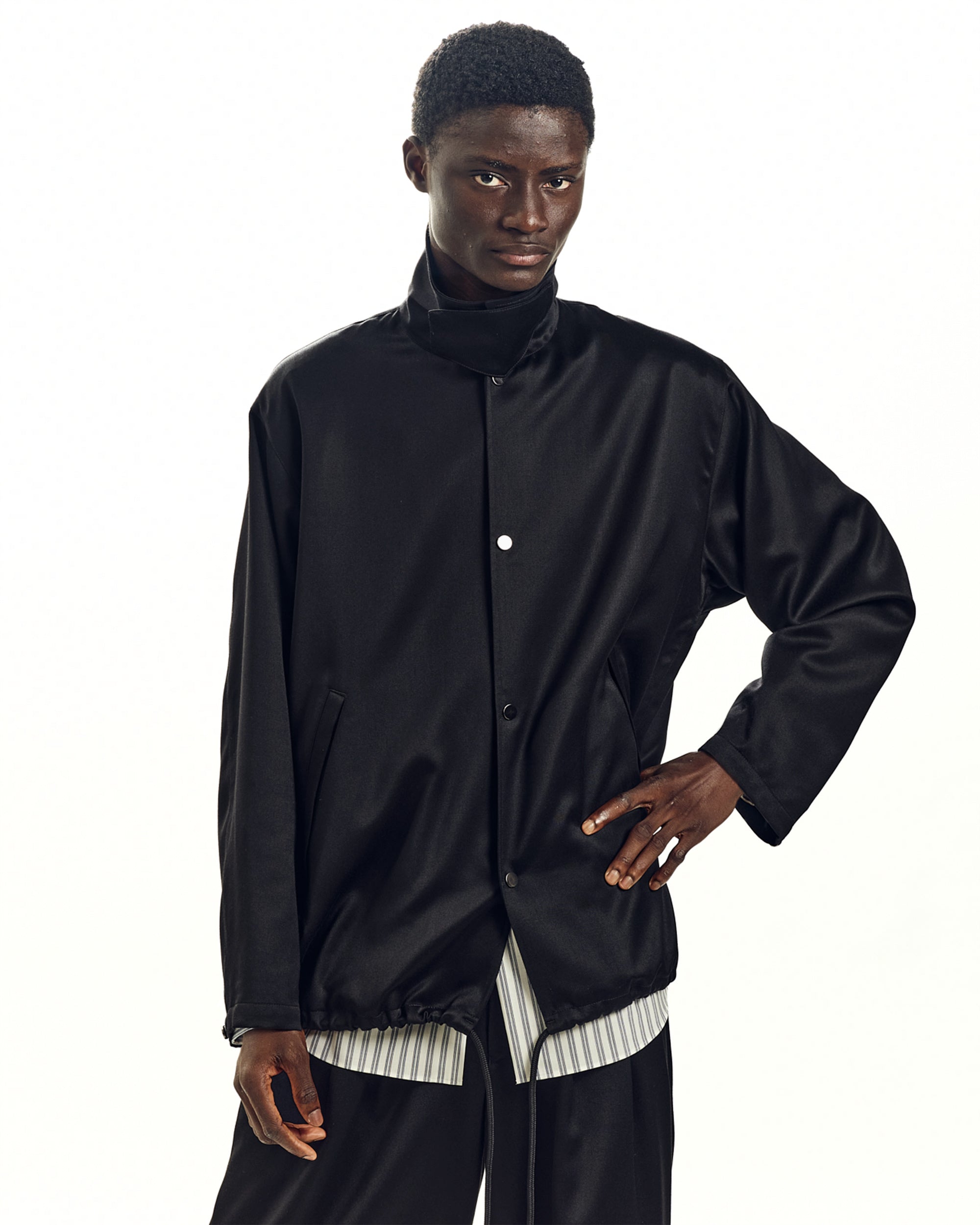 CASHMERE SATIN COACH JACKET, Black