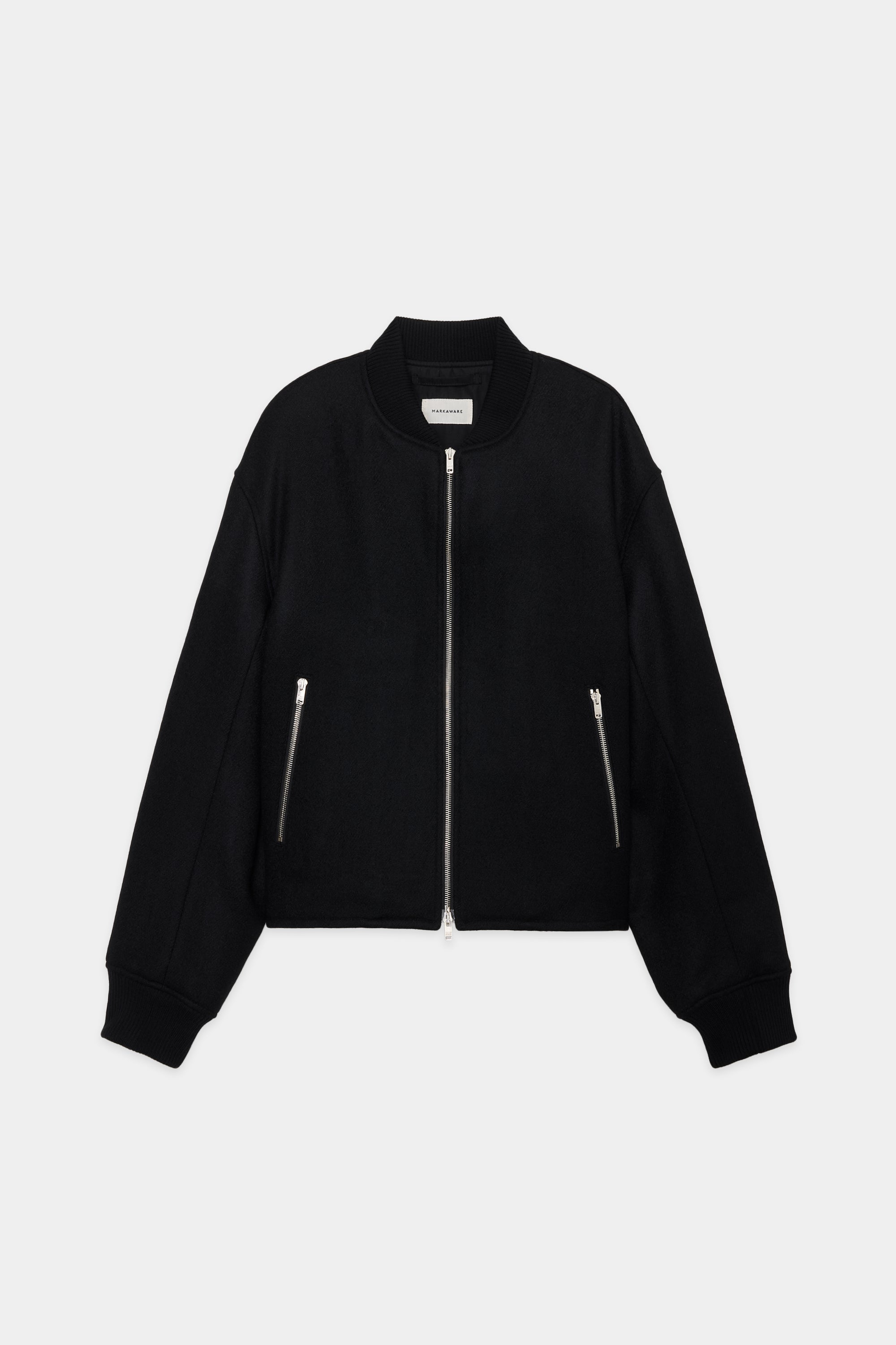 ORGANIC WOOL DOUBLE CLOTH SHORT BOMBER JACKET, Black