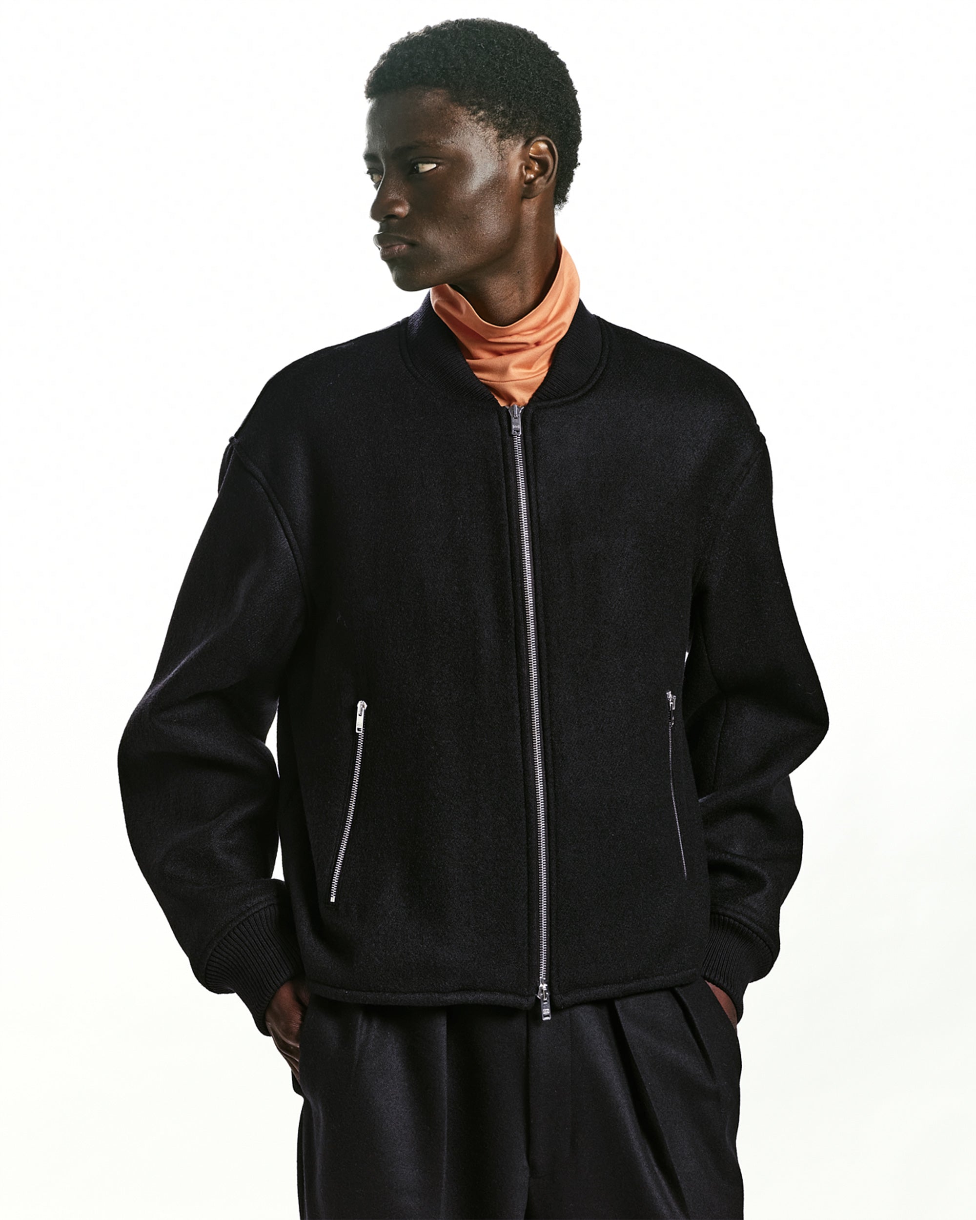 ORGANIC WOOL DOUBLE CLOTH SHORT BOMBER JACKET, Black