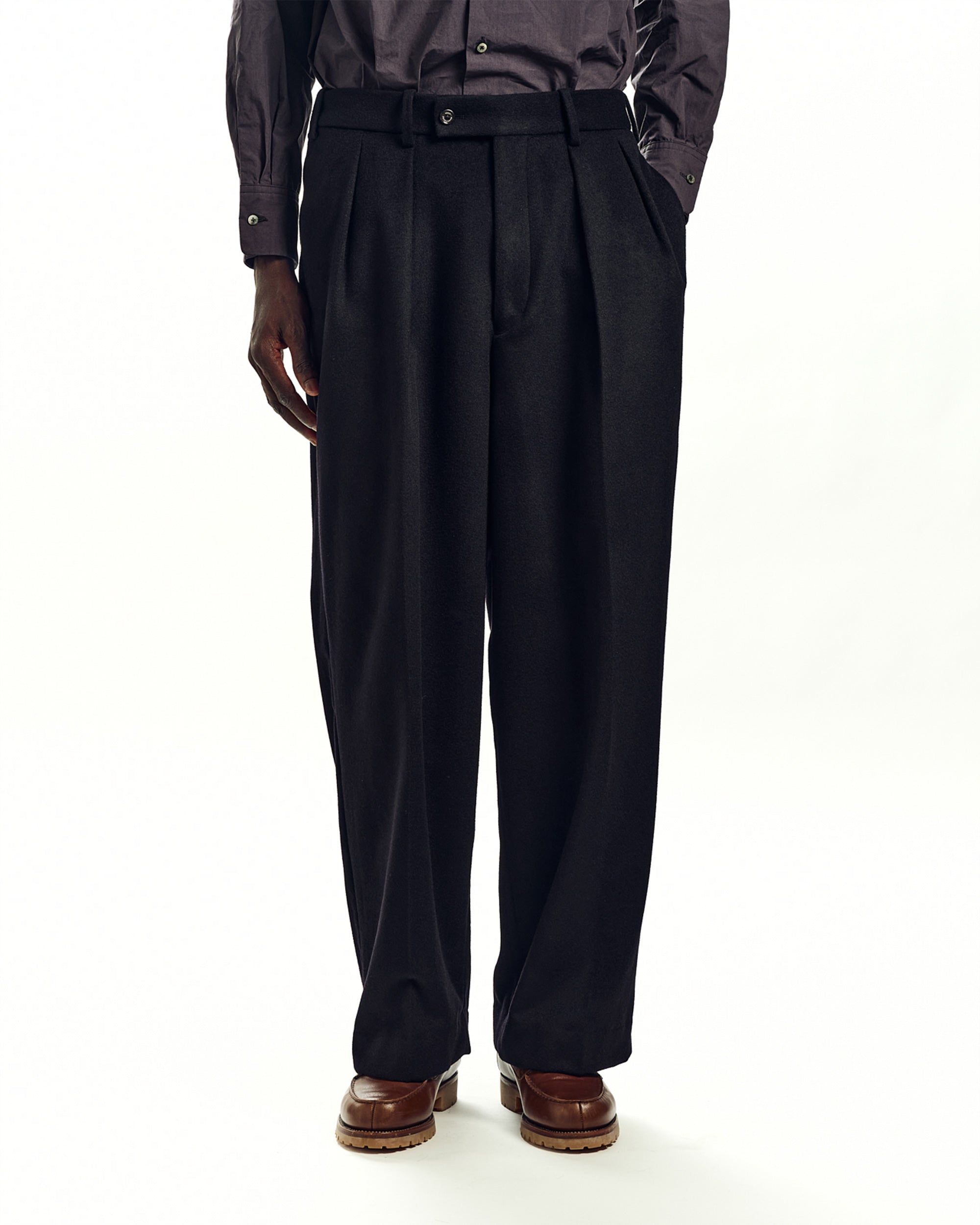 CASHMERE FLANNEL CASHMERE DOUBLE PLEATED TROUSERS, Dark Navy