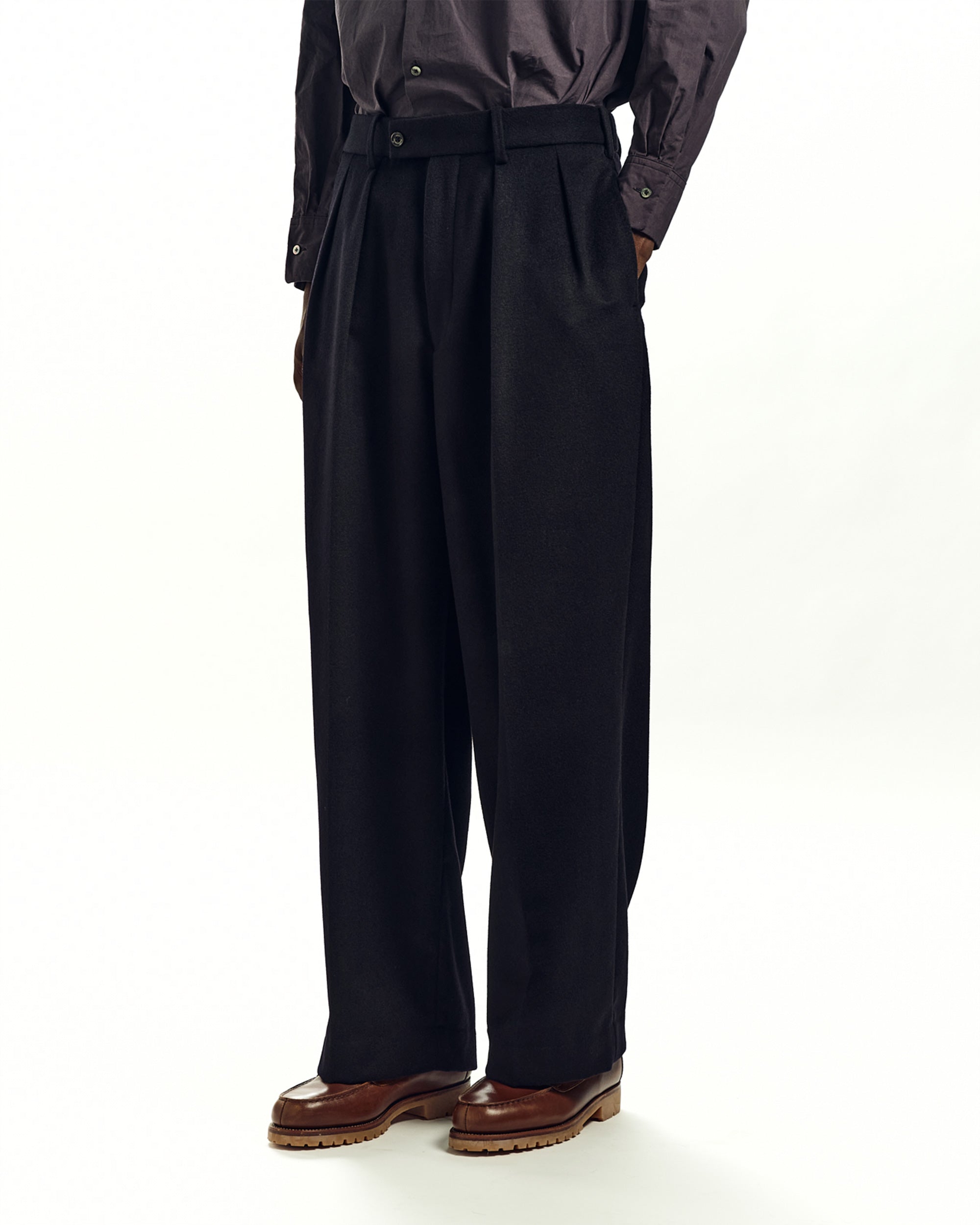 CASHMERE FLANNEL CASHMERE DOUBLE PLEATED TROUSERS, Dark Navy