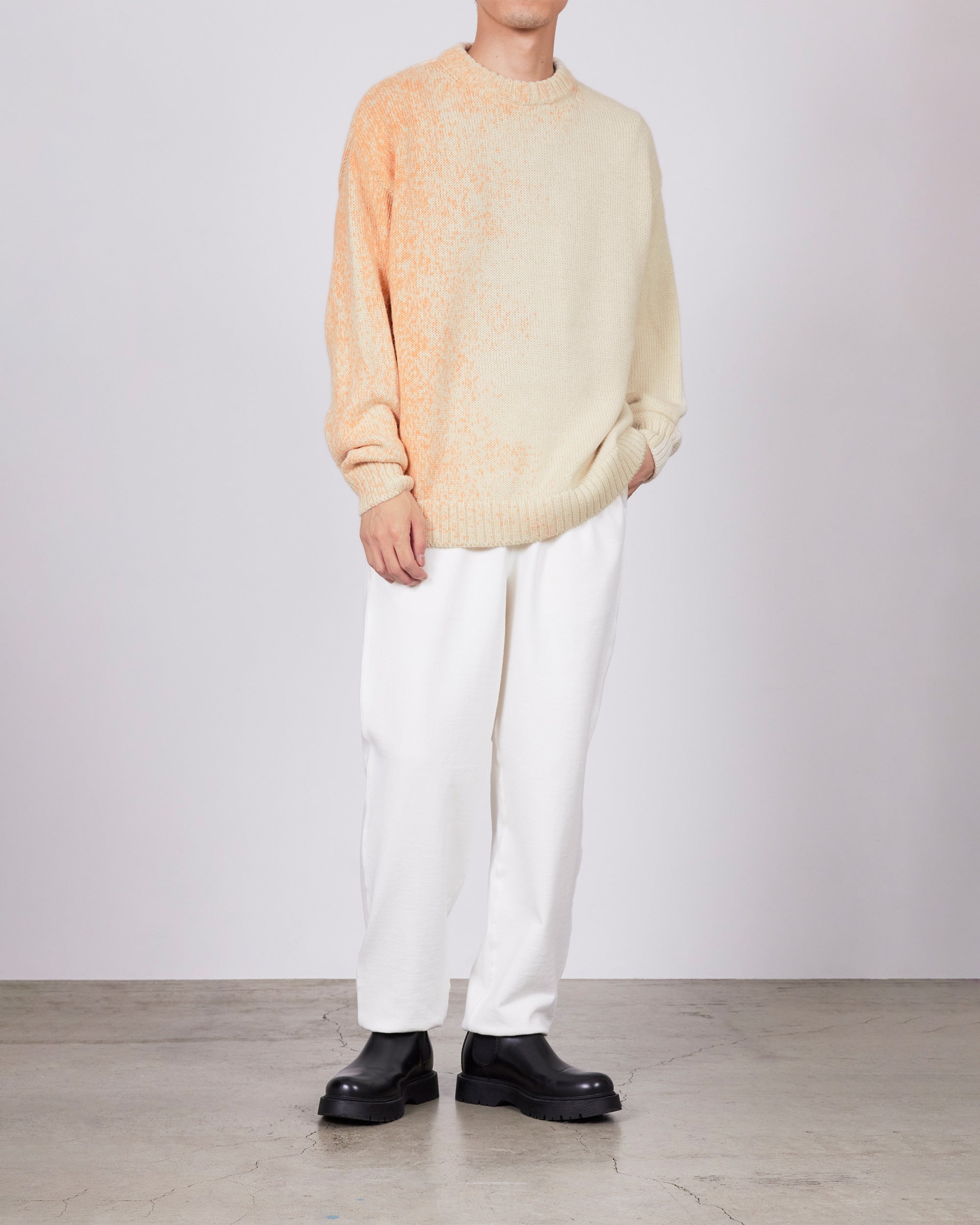 FINE ALPACA CREW NECK JUMPER "FOGGY DYEING",  Natural White × Orange