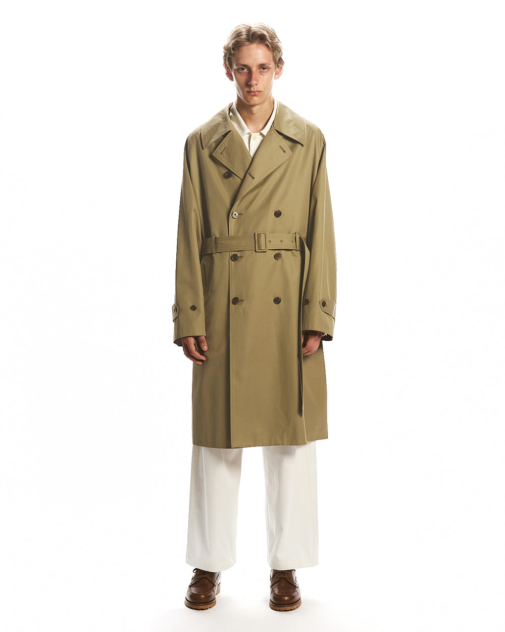 ORGANIC GIZA GABARDINE INVERTED PLEAT TRENCH COAT, Beige Khaki