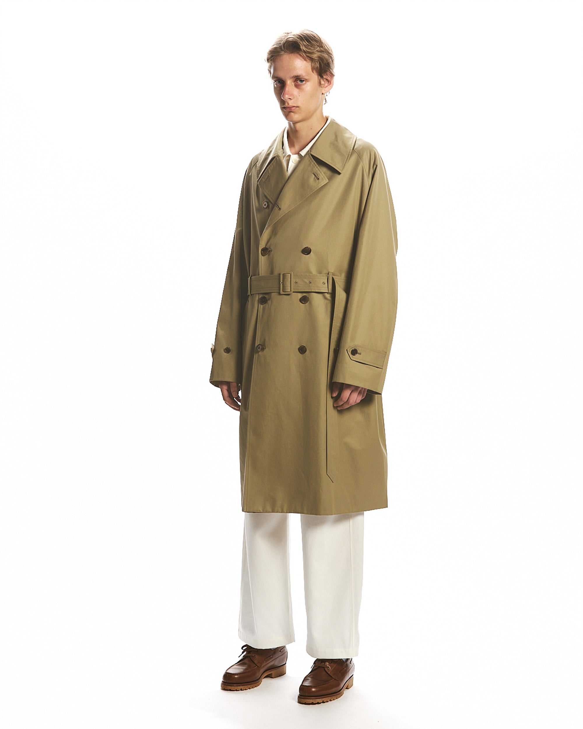 ORGANIC GIZA GABARDINE INVERTED PLEAT TRENCH COAT, Beige Khaki