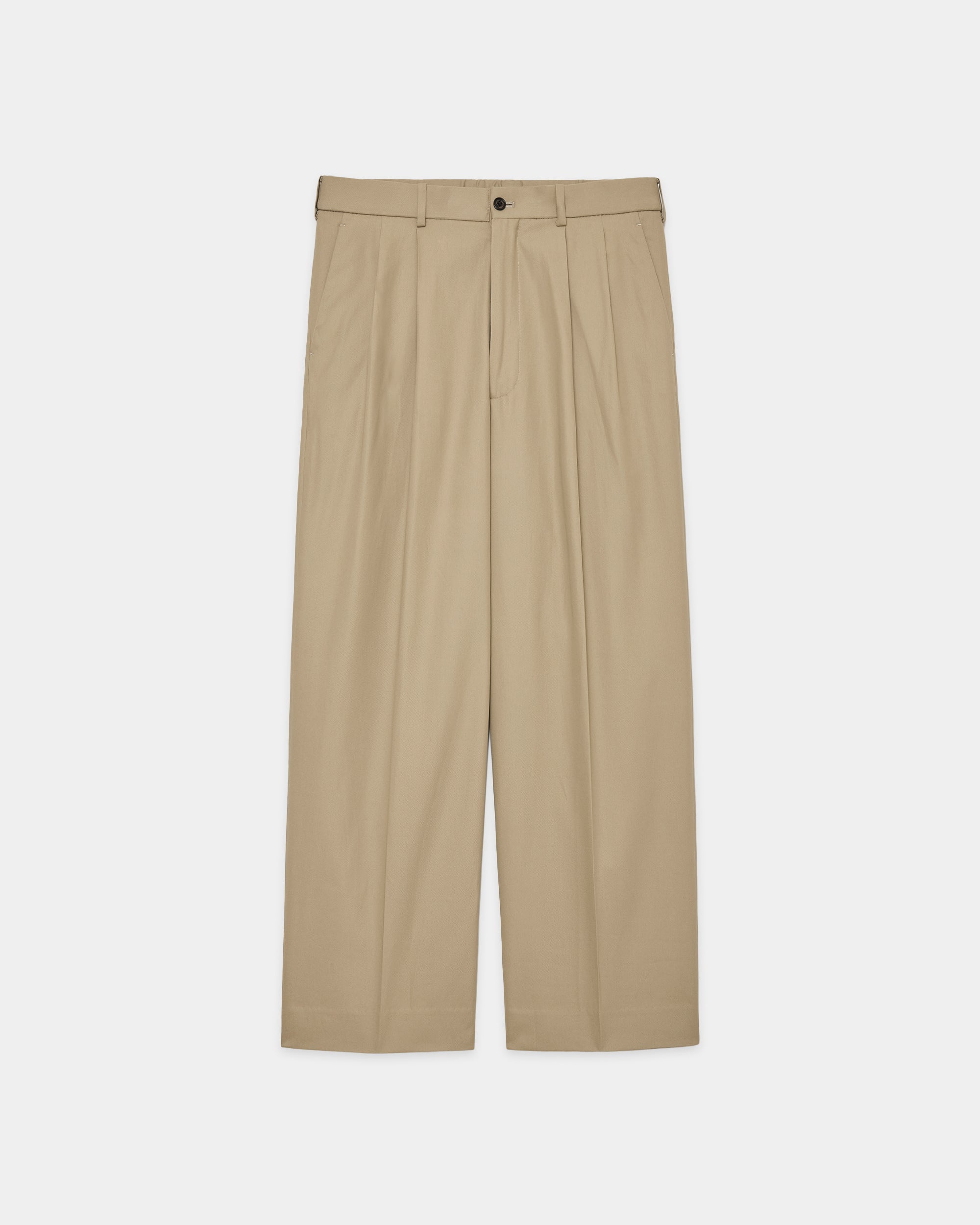 ORGANIC COTTON VOILE YARN TWILL CLASSIC FIT DOUBLE PLEATED TROUSERS, Khaki