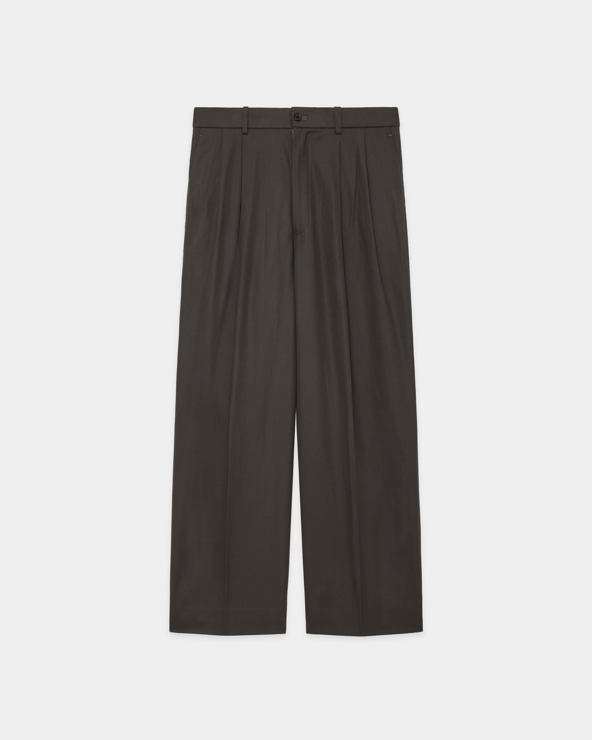 ORGANIC COTTON VOILE YARN TWILL CLASSIC FIT DOUBLE PLEATED TROUSERS, Dark Olive