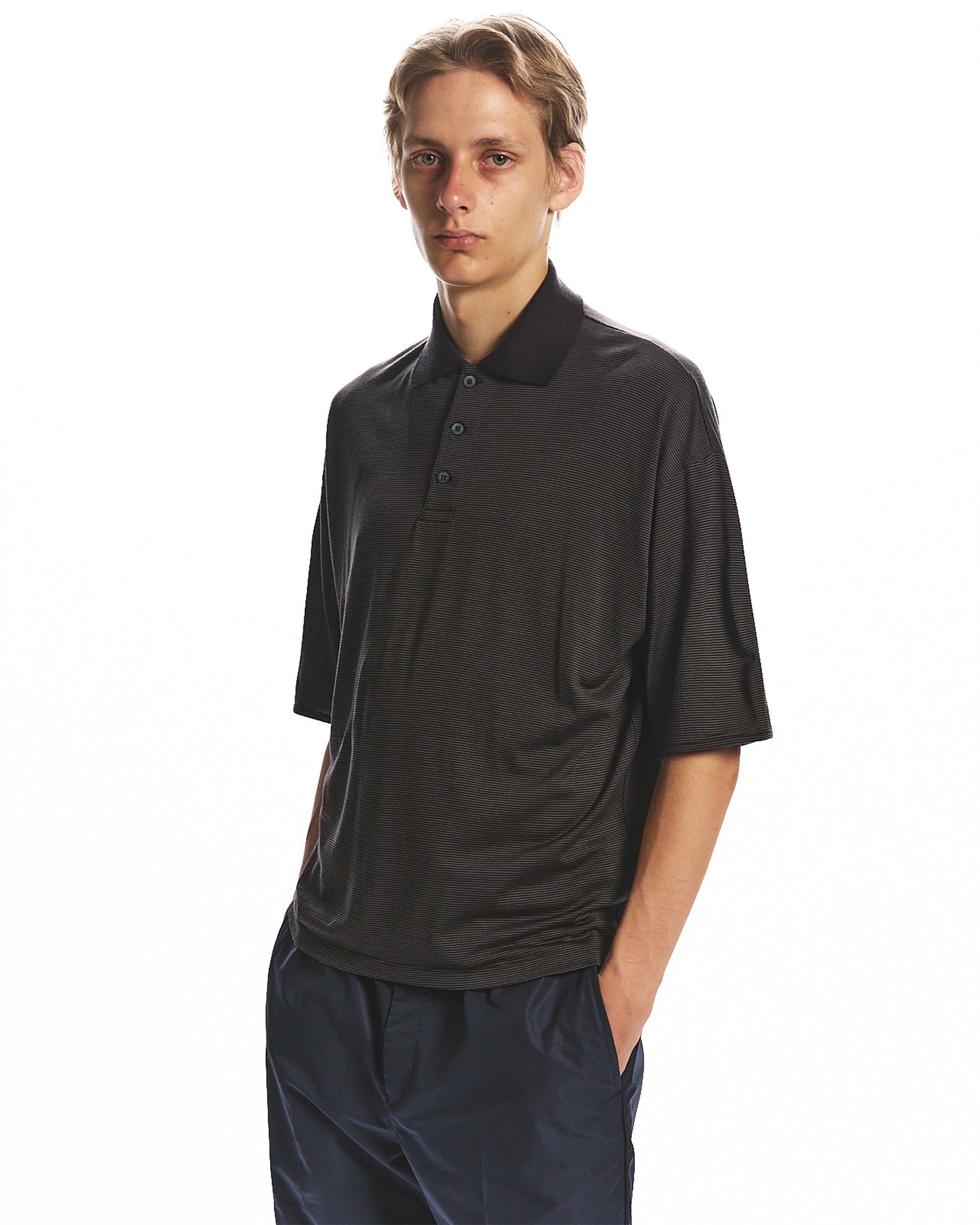 SUPER 160's WOOL WASHABLE KNIT SHORT SLEEVE POLO, Black x Sage