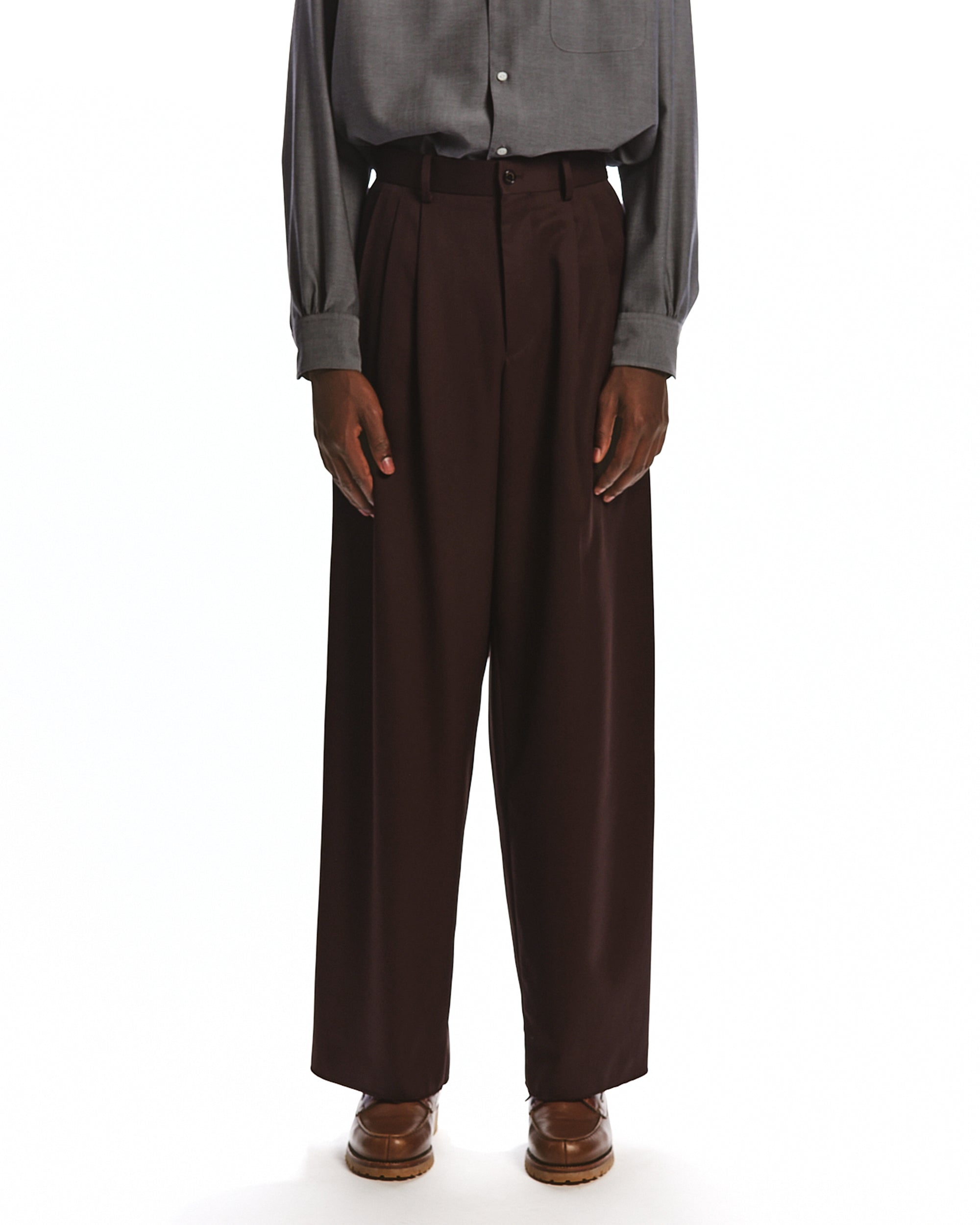 SUPER 160's WOOL GABARDINE TRIPLE PLEATED WIDE TROUSERS, Dark Brown