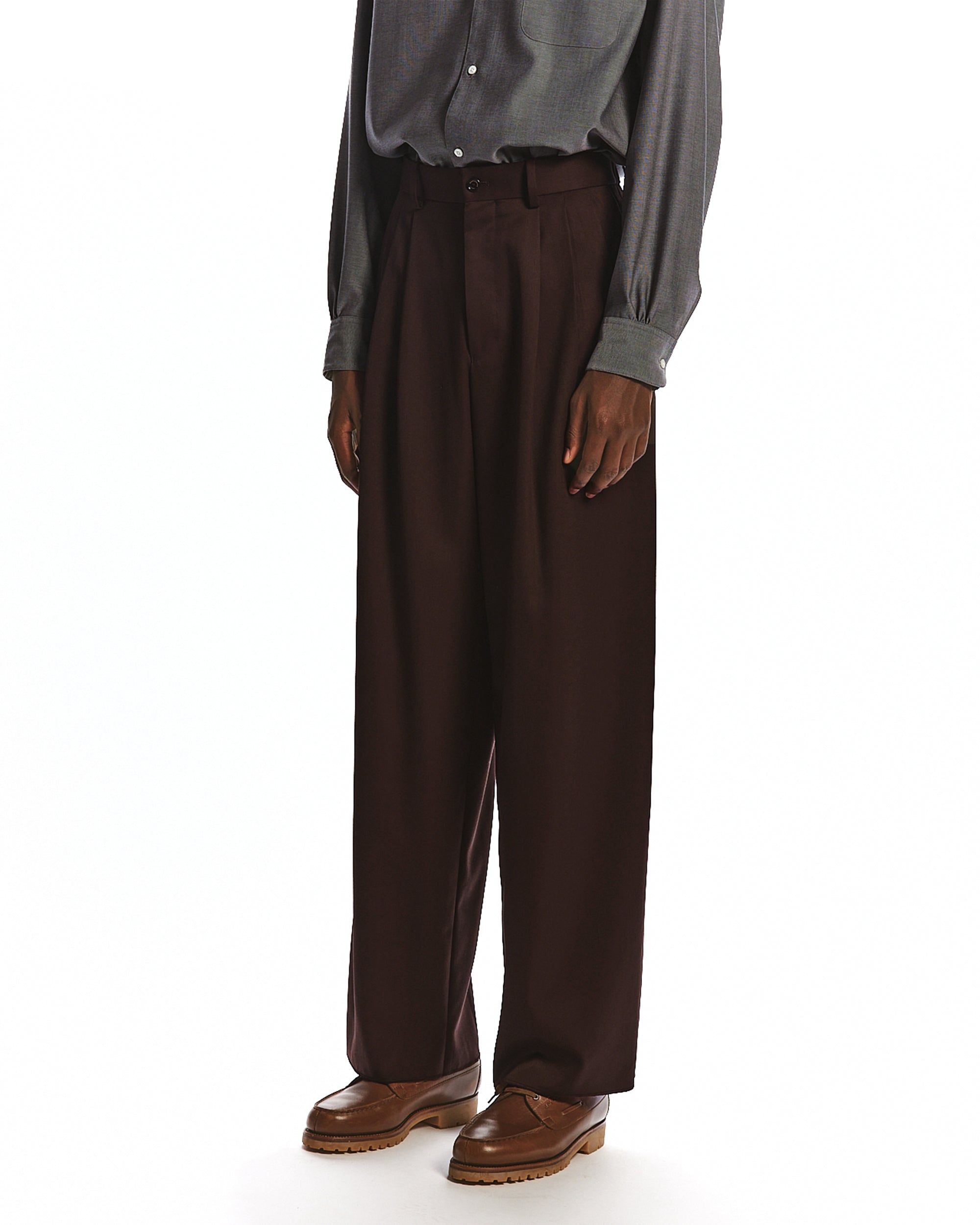 SUPER 160's WOOL GABARDINE TRIPLE PLEATED WIDE TROUSERS, Dark Brown