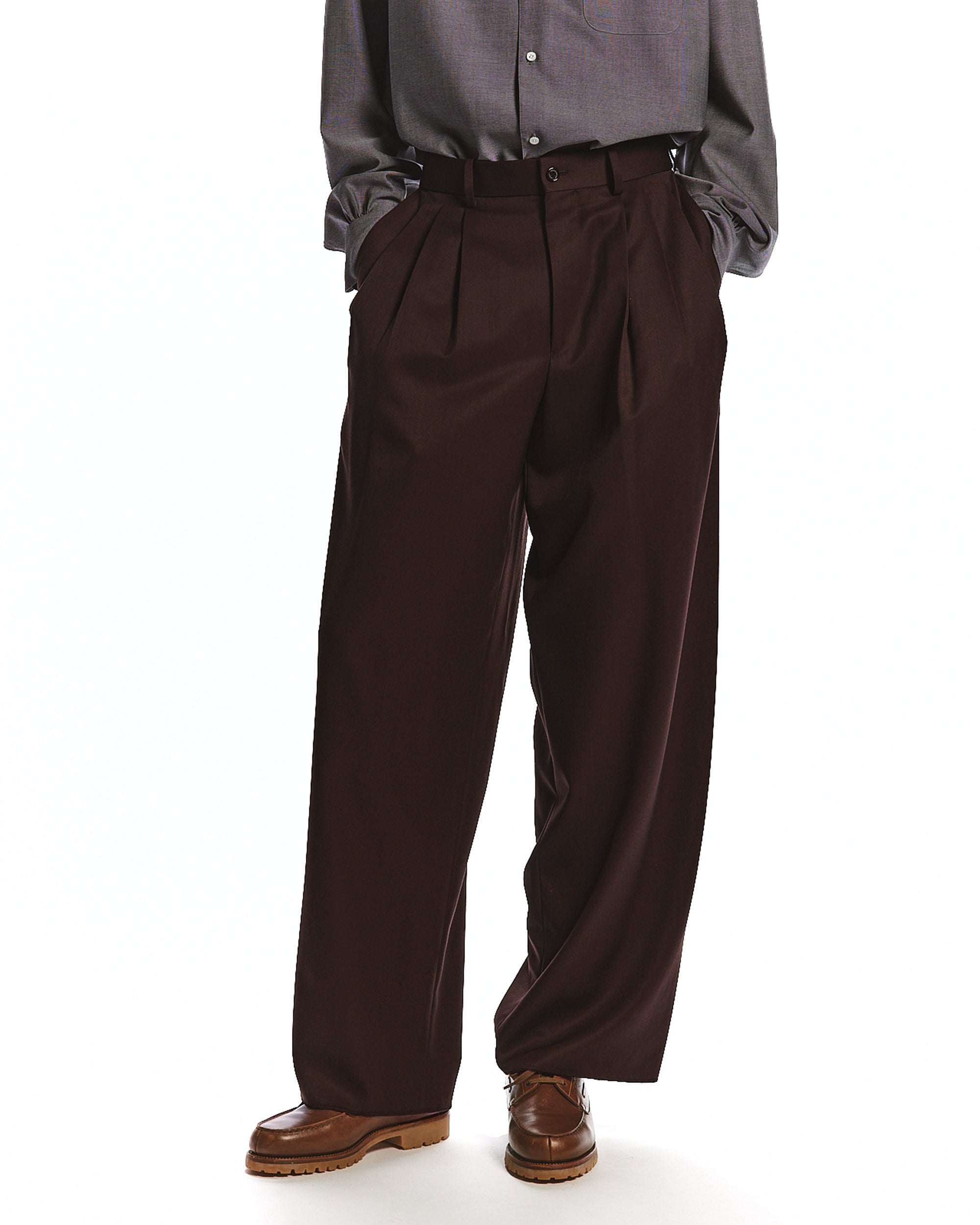 SUPER 160's WOOL GABARDINE TRIPLE PLEATED WIDE TROUSERS, Dark Brown