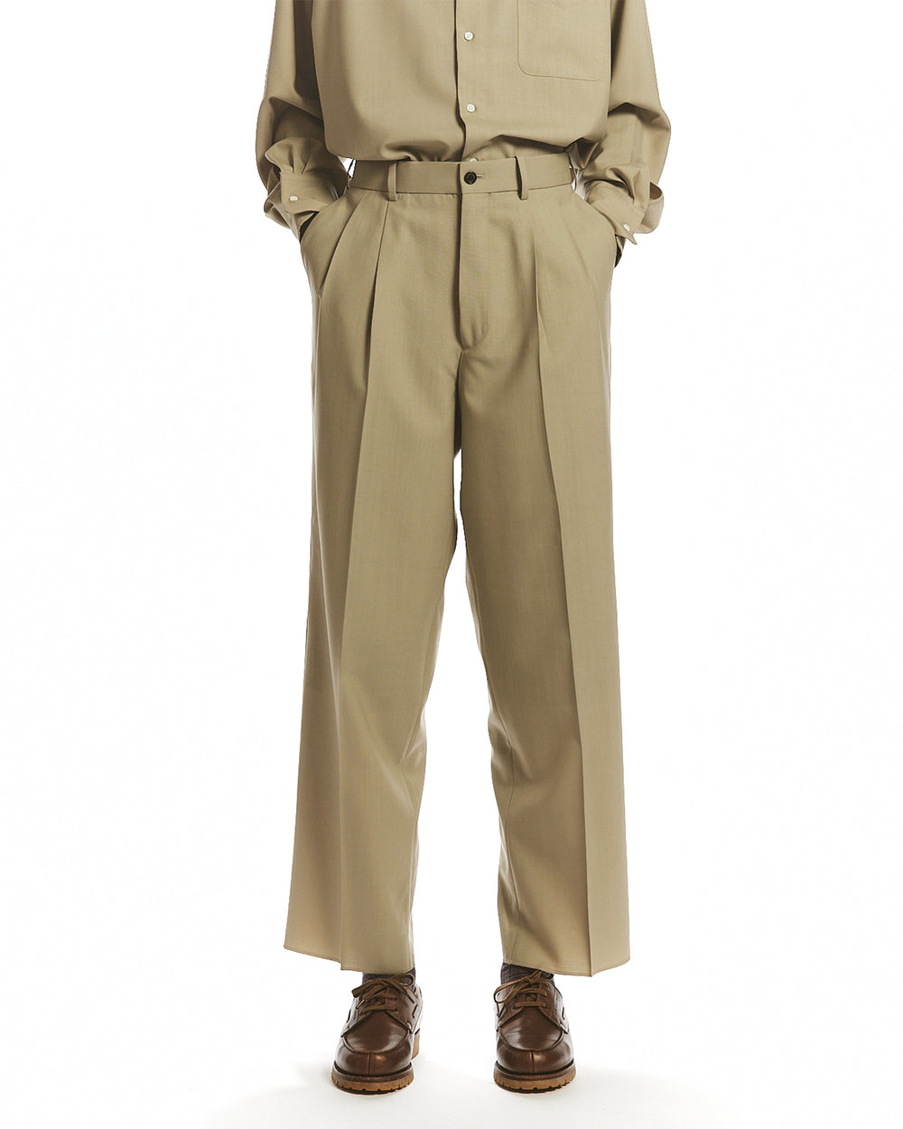 ORGANIC WOOL 2/80 TROPICAL CLASSIC FIT DOUBLE PLEATED TROUSERS, Beige