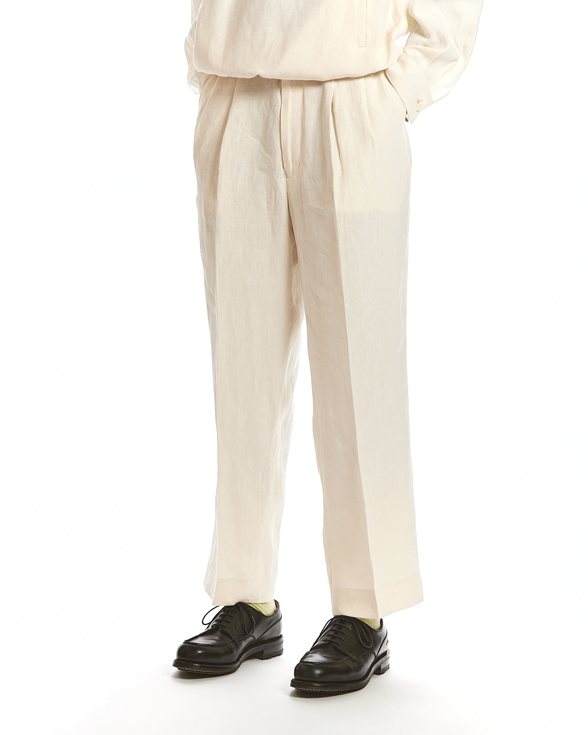 80/1 HEMP TYPEWRITER-CLOTH CLASSIC FIT DOUBLE PLEATED TROUSERS, Ivory