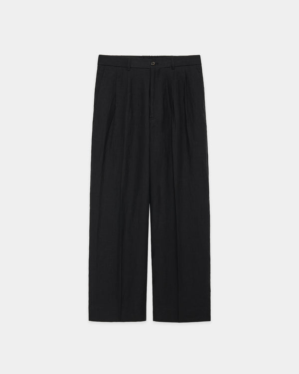 80/1 HEMP TYPEWRITER-CLOTH CLASSIC FIT DOUBLE PLEATED TROUSERS, Black