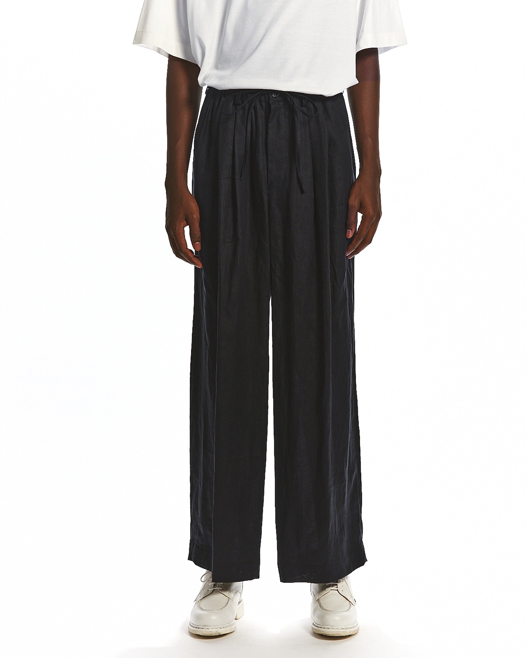 HEMP SHIRTING TRIPLE PLEATED EASY TROUSERS, Black