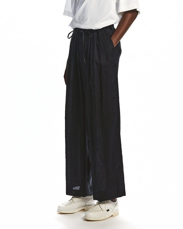 HEMP SHIRTING TRIPLE PLEATED EASY TROUSERS, Black