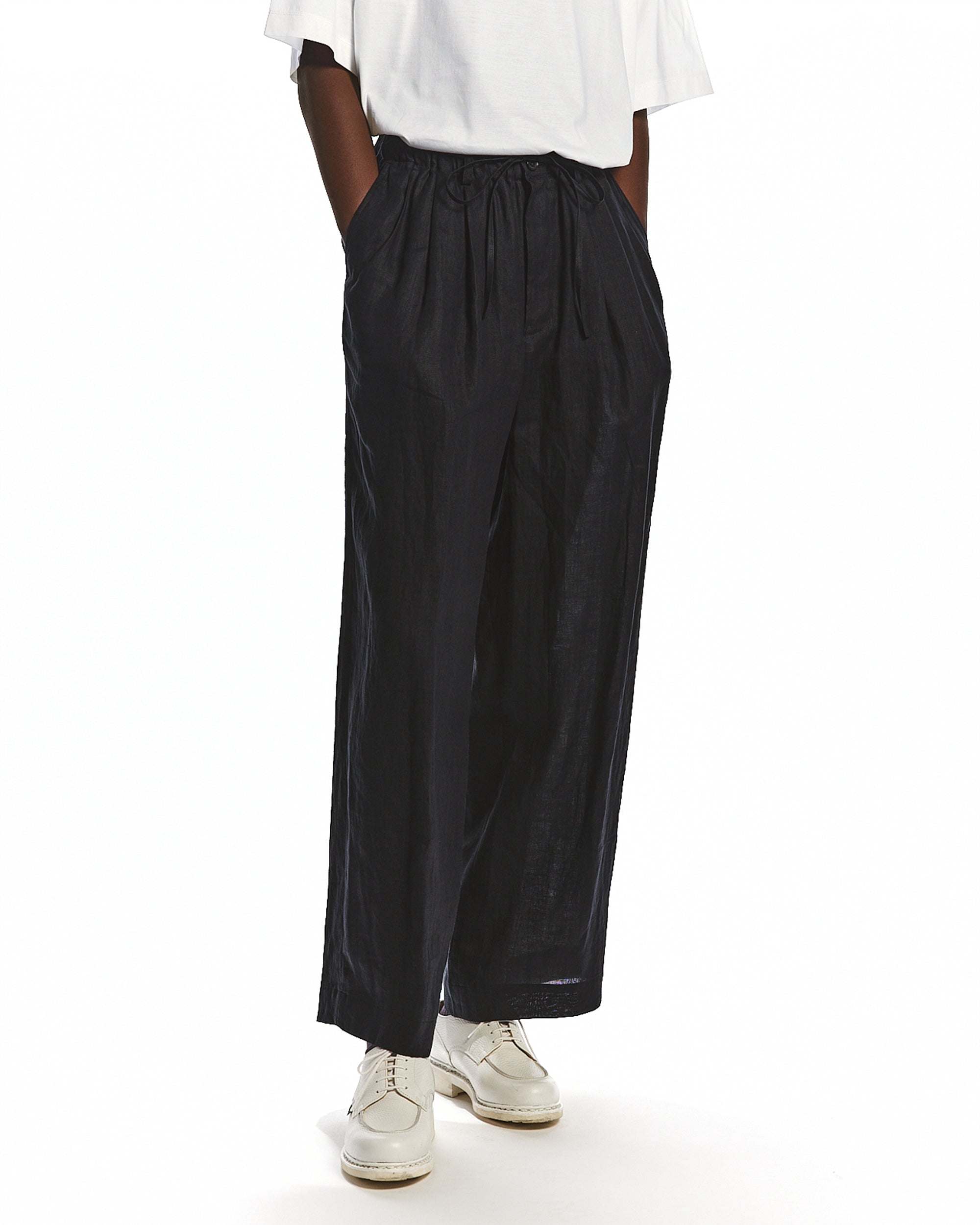 HEMP SHIRTING TRIPLE PLEATED EASY TROUSERS, Black