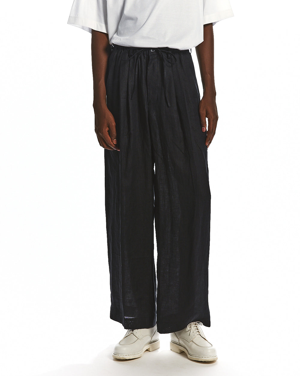 HEMP SHIRTING TRIPLE PLEATED EASY TROUSERS, Black