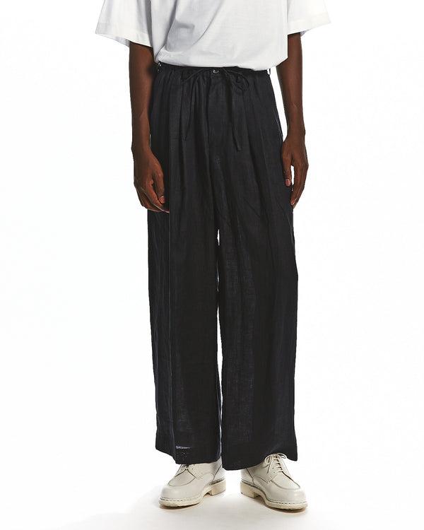 HEMP SHIRTING TRIPLE PLEATED EASY TROUSERS, Black