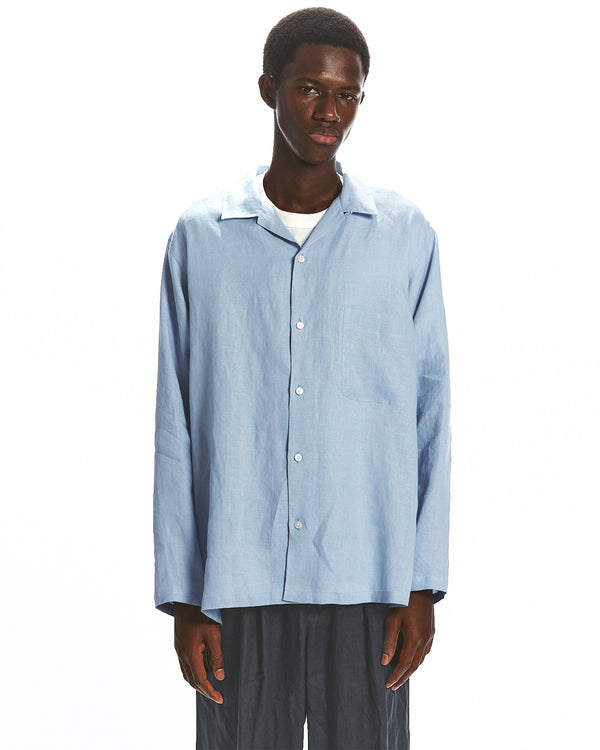 HEMP SHIRTING COMFORT FIT OPEN COLLAR SHIRT, Old Blue