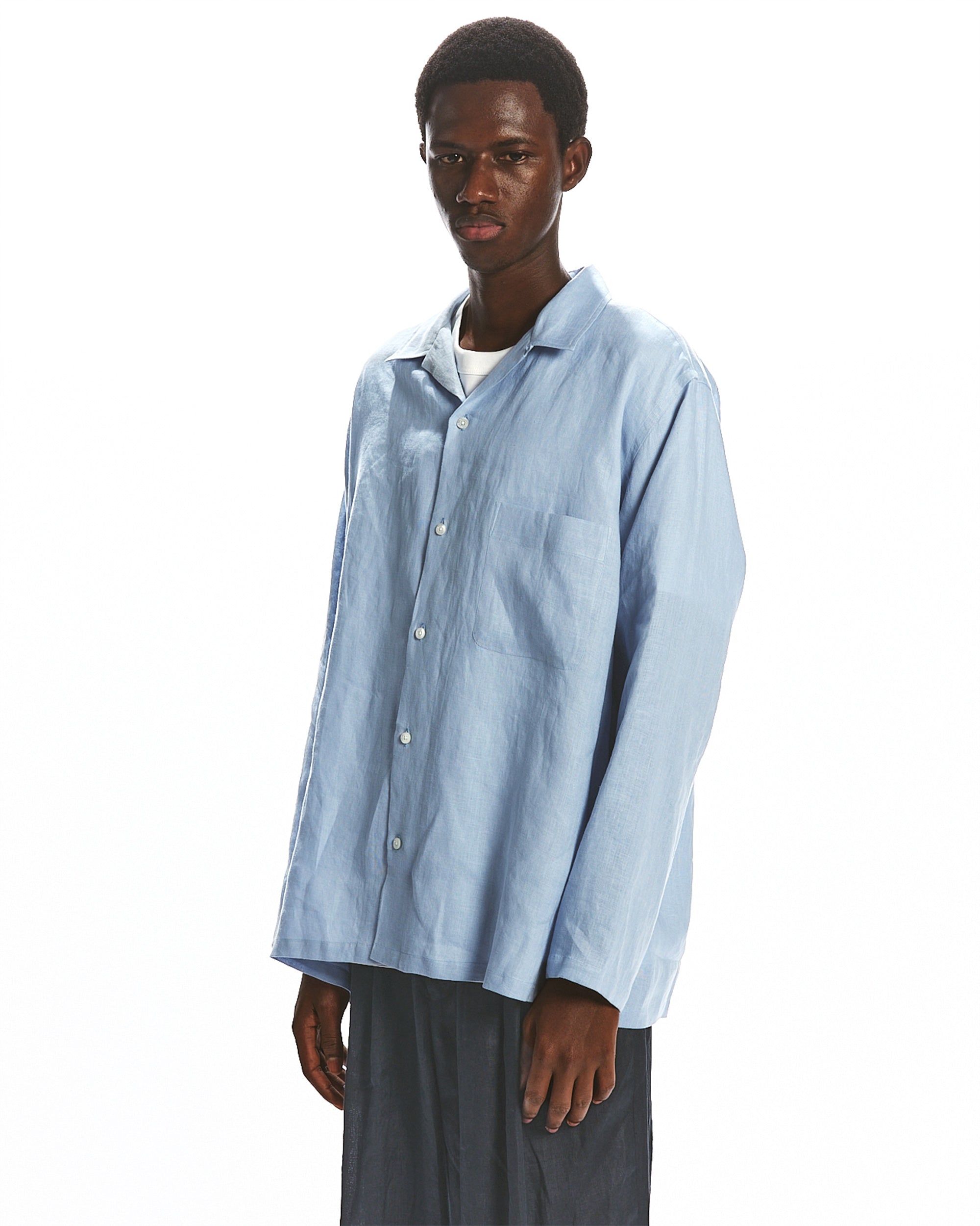 HEMP SHIRTING COMFORT FIT OPEN COLLAR SHIRT, Old Blue