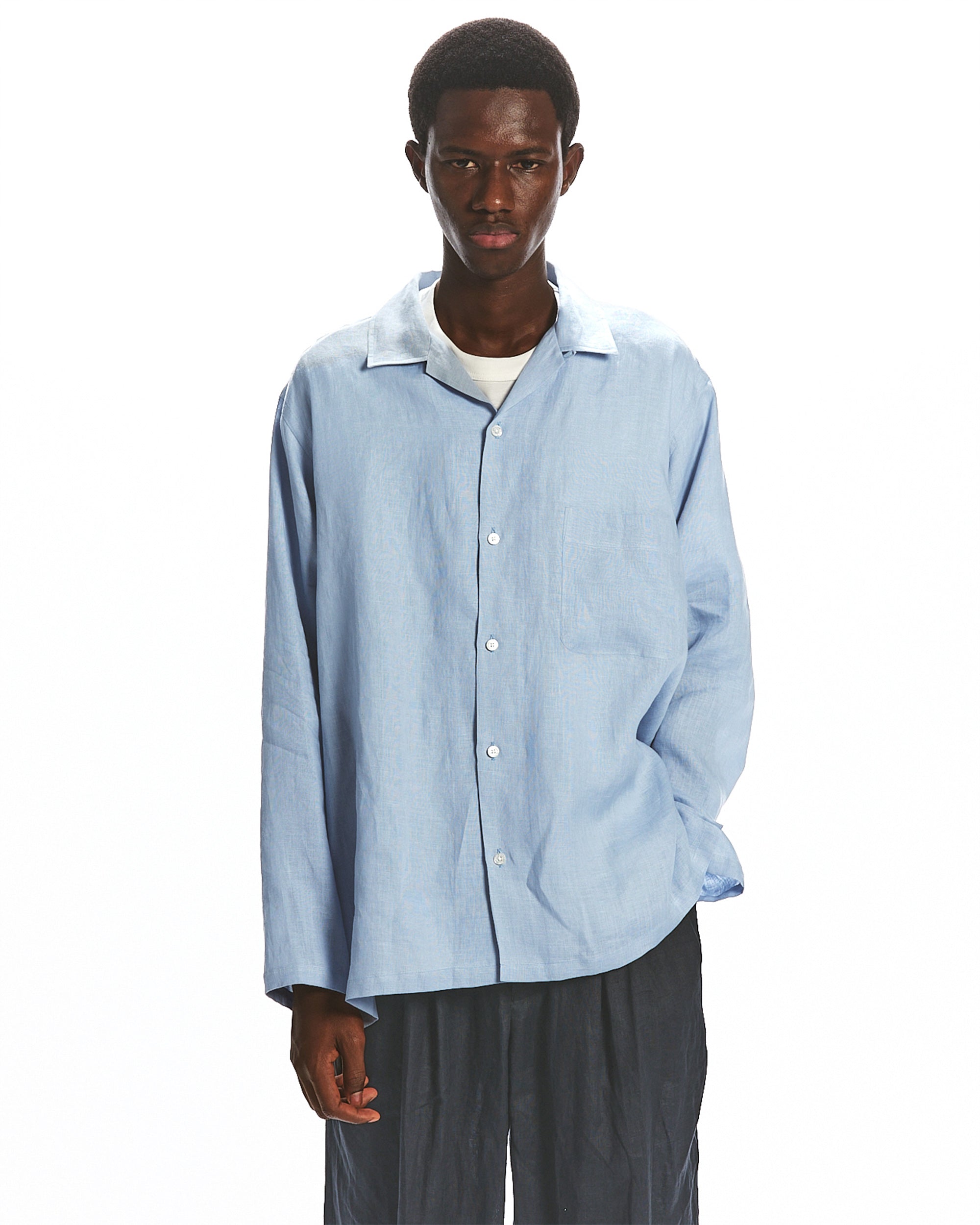 HEMP SHIRTING COMFORT FIT OPEN COLLAR SHIRT, Old Blue