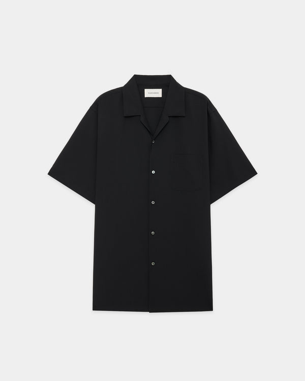 ORGANIC WOOL 2/80 TROPICAL ITALIAN OPEN COLLAR S/S SHIRT, Black