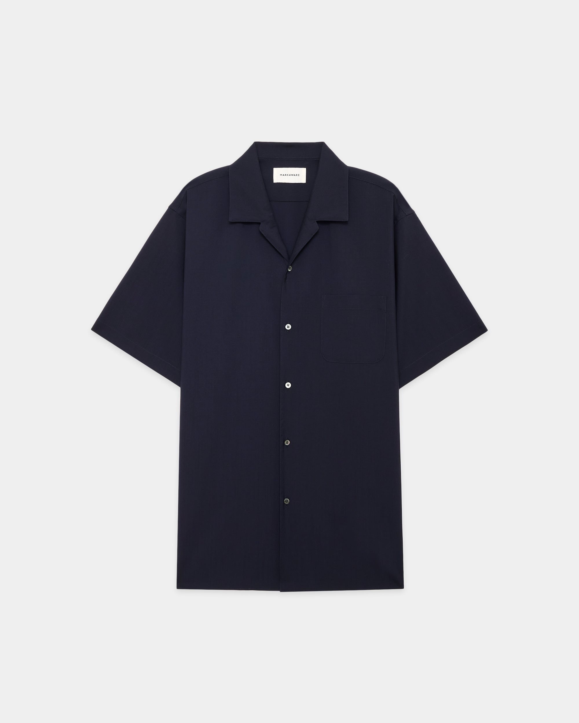 ORGANIC WOOL 2/80 TROPICAL ITALIAN OPEN COLLAR S/S SHIRT, Navy