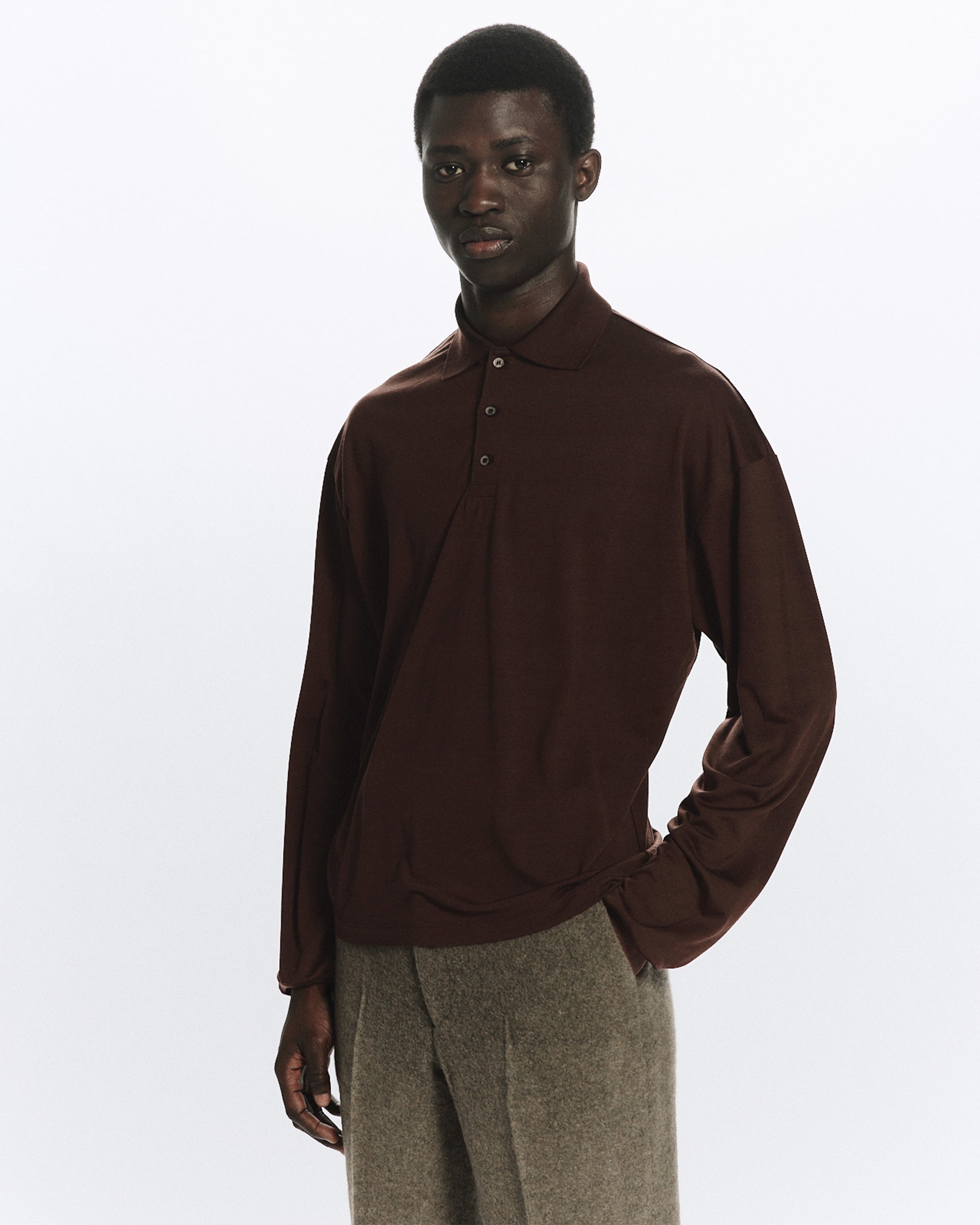 SUPER 160s WOOL WASHABLE KNIT LONG SLEEVE POLO, Olive Drab