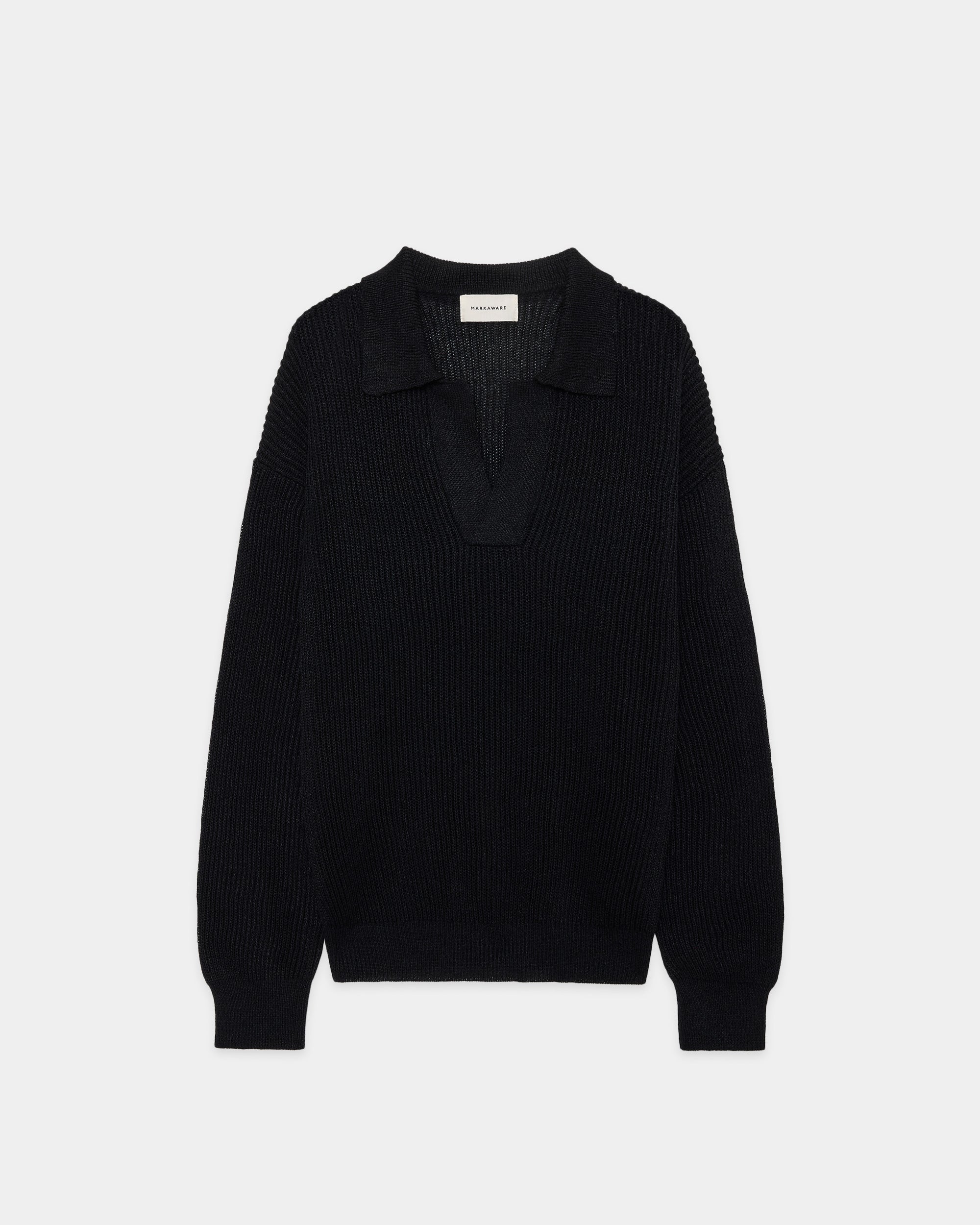 オーガニックコットンx和紙xシルクヤーン / スキッパーリブジャンパー, Black