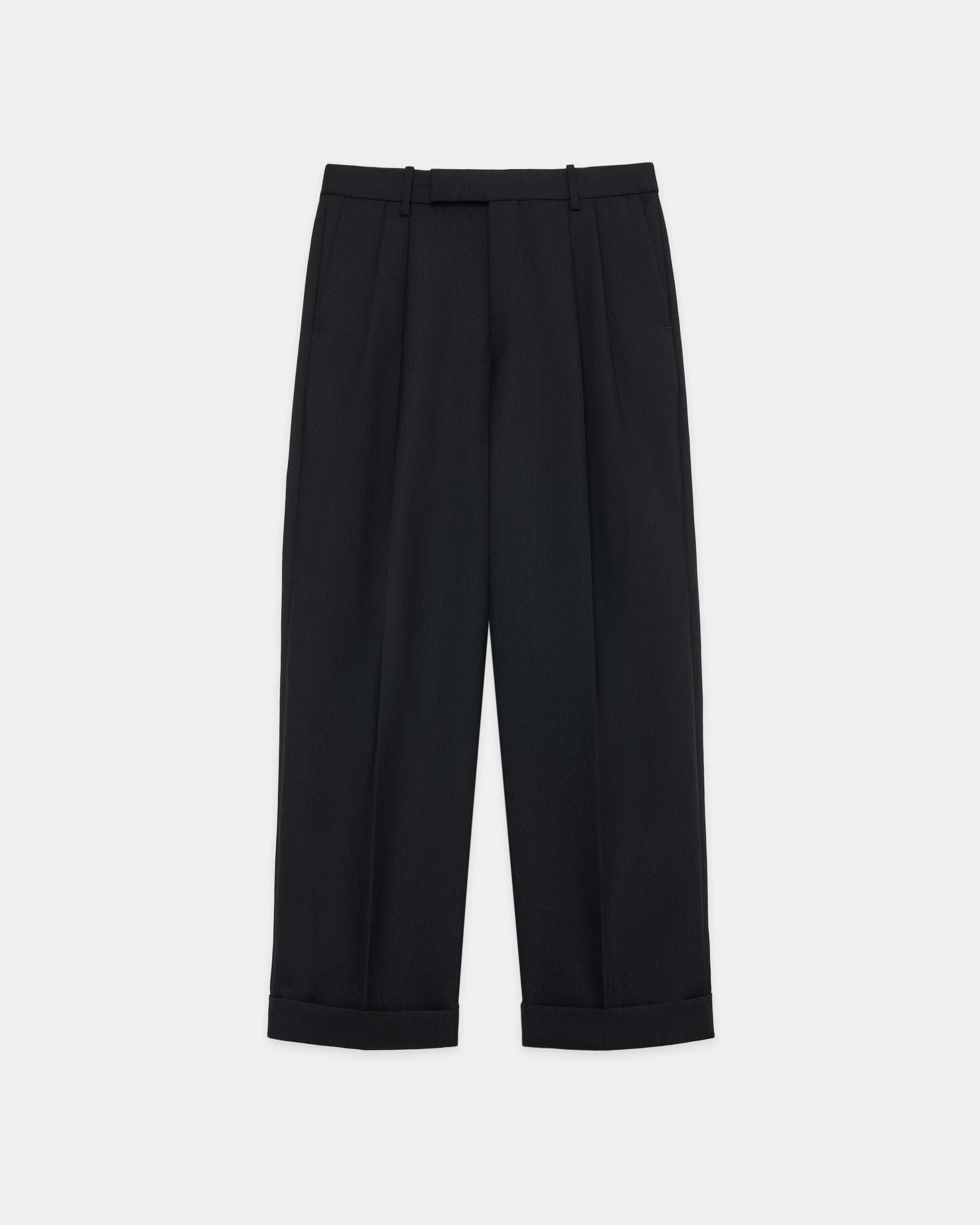 Heavy Organic Wool Tropical Double Pleated Classic Wide Trousers, Black