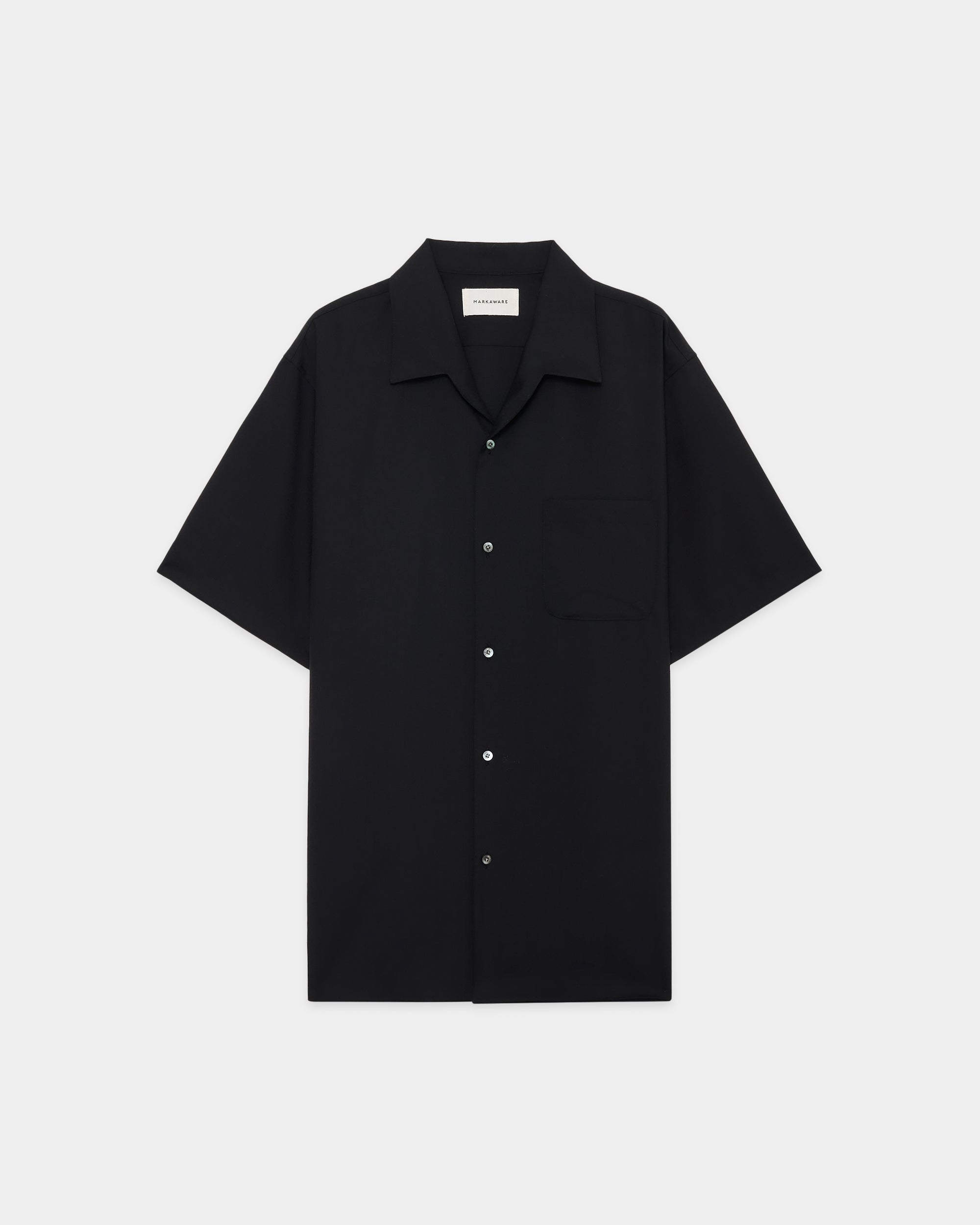 オーガニックウール2/80トロピカル / イタリアンオープンカラーS/Sシャツ, Black