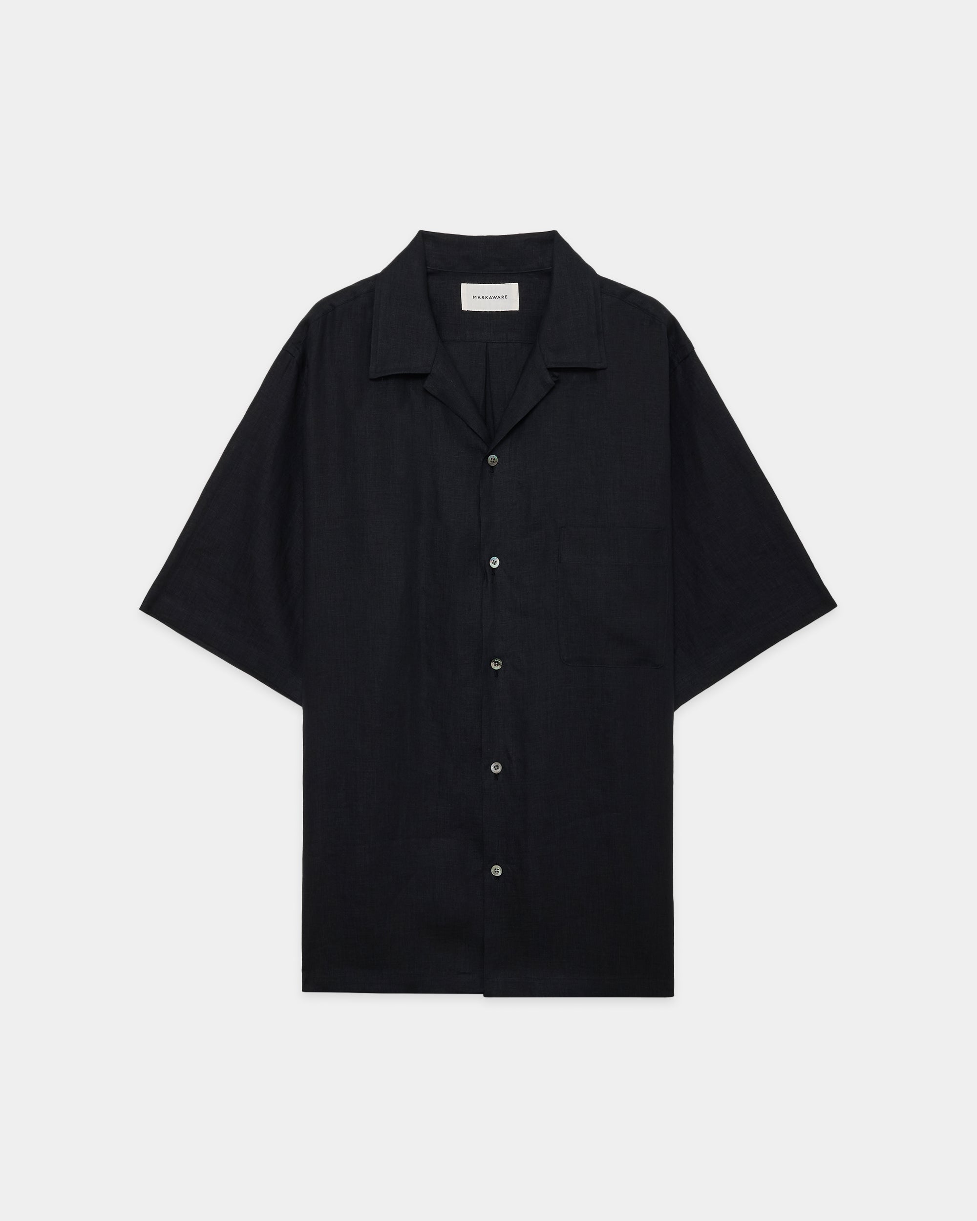 MARKAWARE OPEN COLLAR S/S SHIRT サイズ2 ヘンプ細布 / ニューオープンカラーS/Sシャツ, Black – MARKAWARE