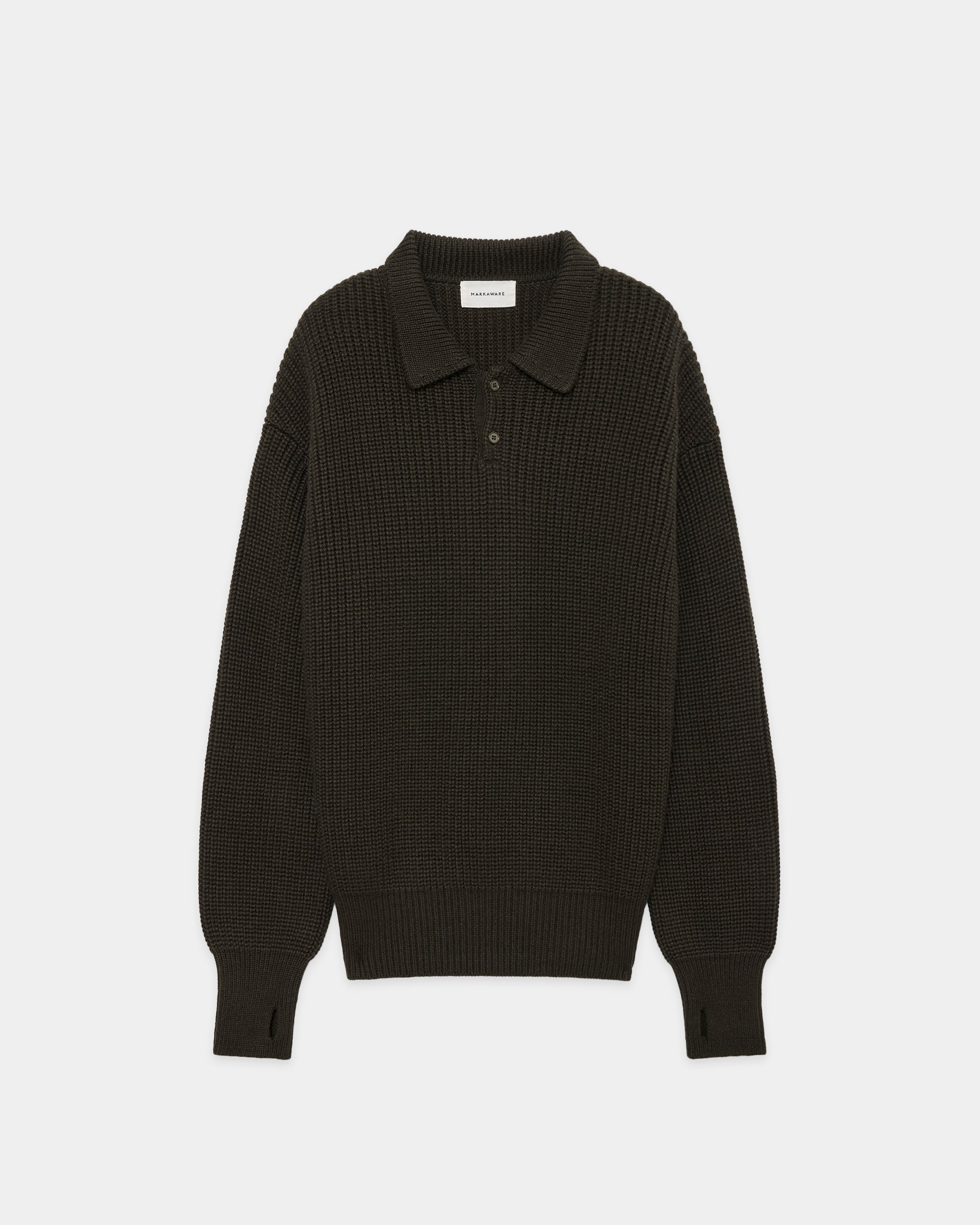 Alpaca Sixteen / Ribbed Polo Collar Jumper, Dark Olive