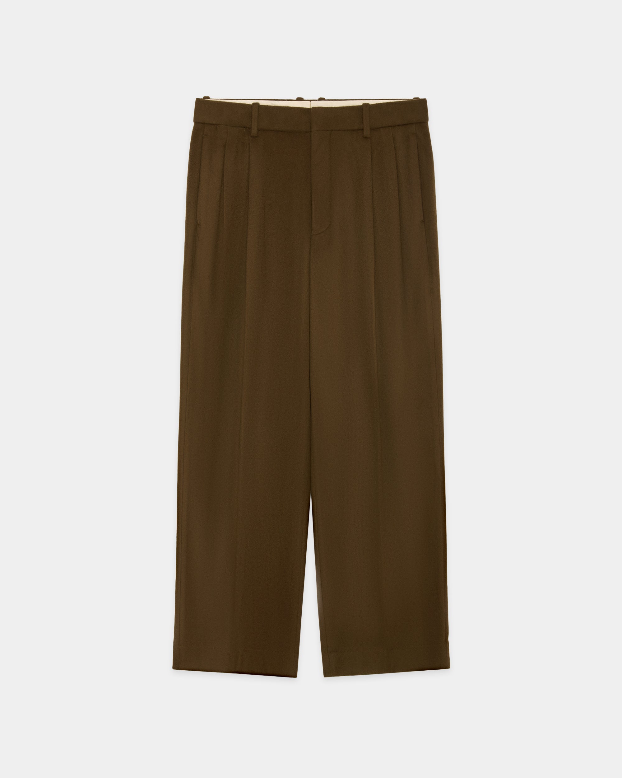 Cashmere Flannel / Double Pleated Straight Trousers, Olive