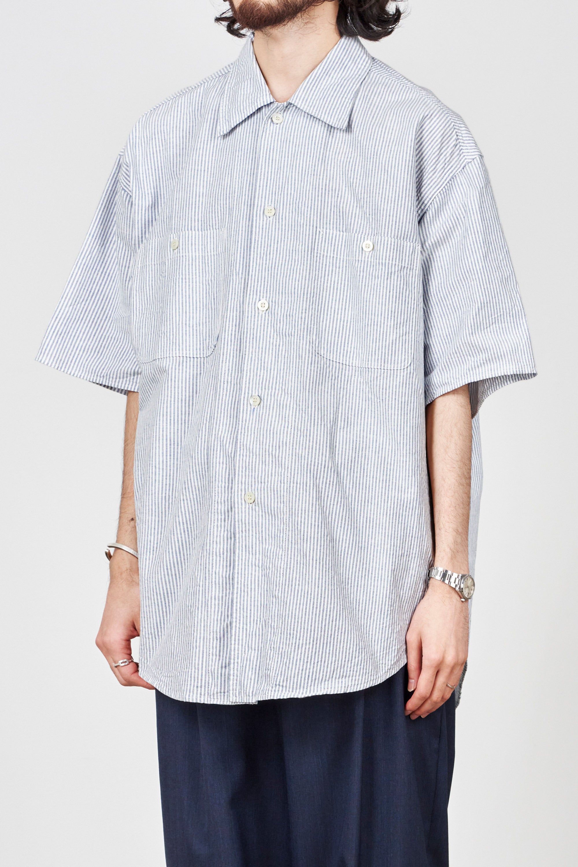 ORGANIC COTTON OXFORD STRIPE WORK SHIRT S/S, Navy Stripe