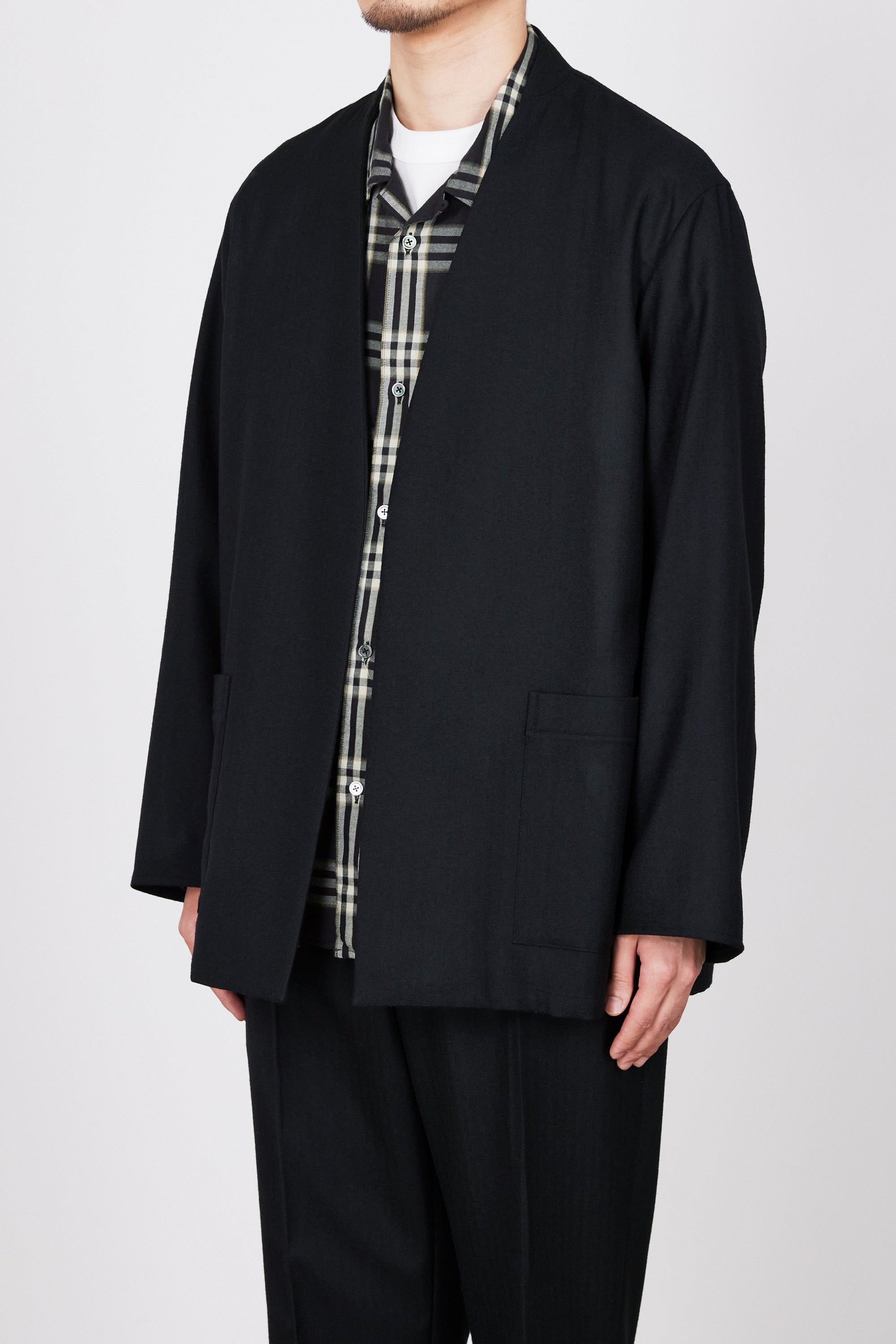 ウールへリンボン/ ラペルレスシャツジャケット, Black – MARKAWARE