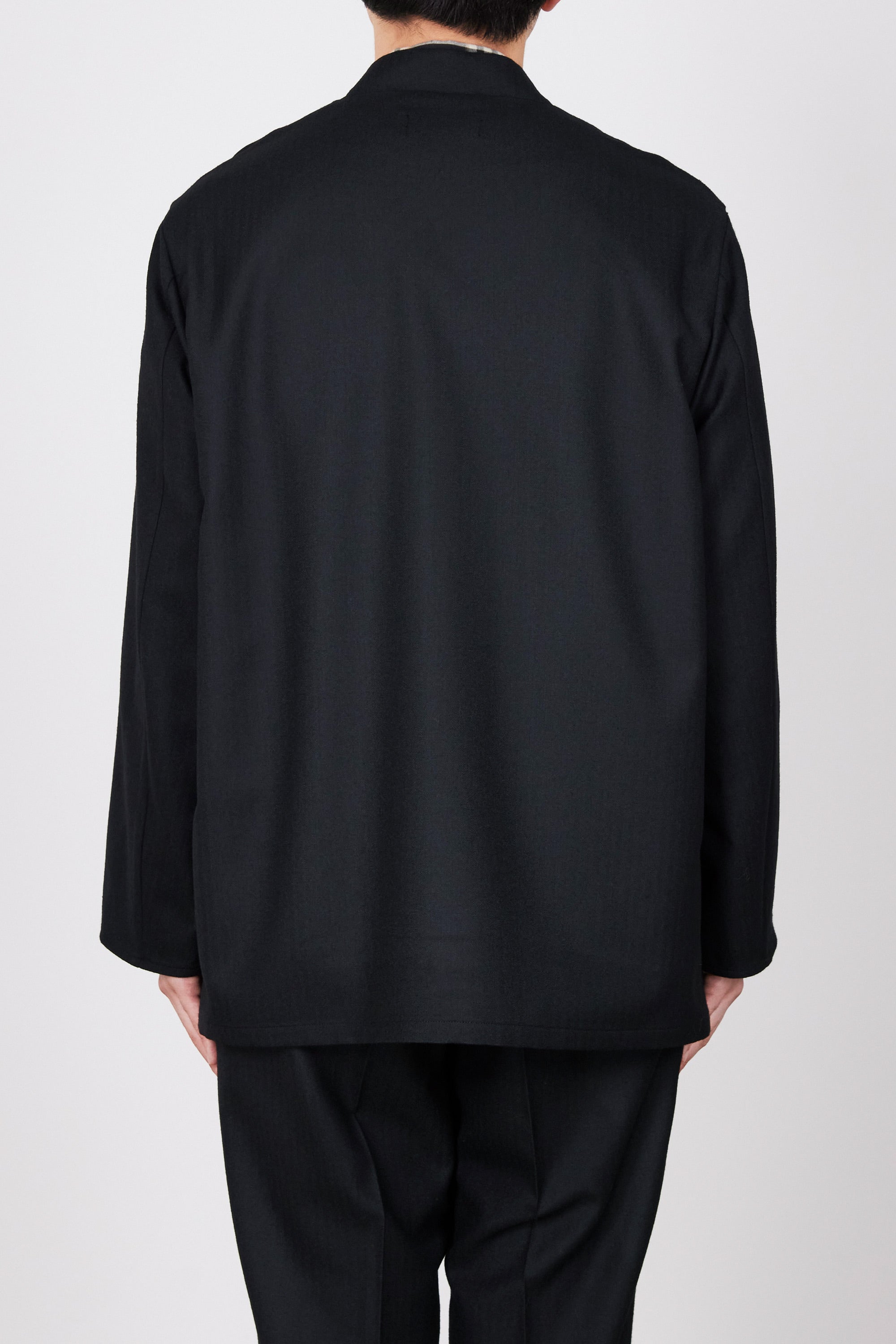 ウールへリンボン/ ラペルレスシャツジャケット, Black – MARKAWARE