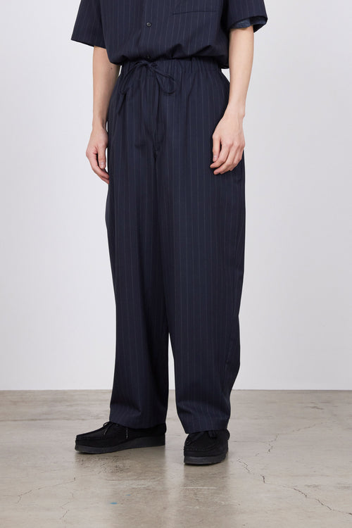 TUMBLED WOOL TROPICAL COCOON WIDE EASY PANTS, Navy Stripe