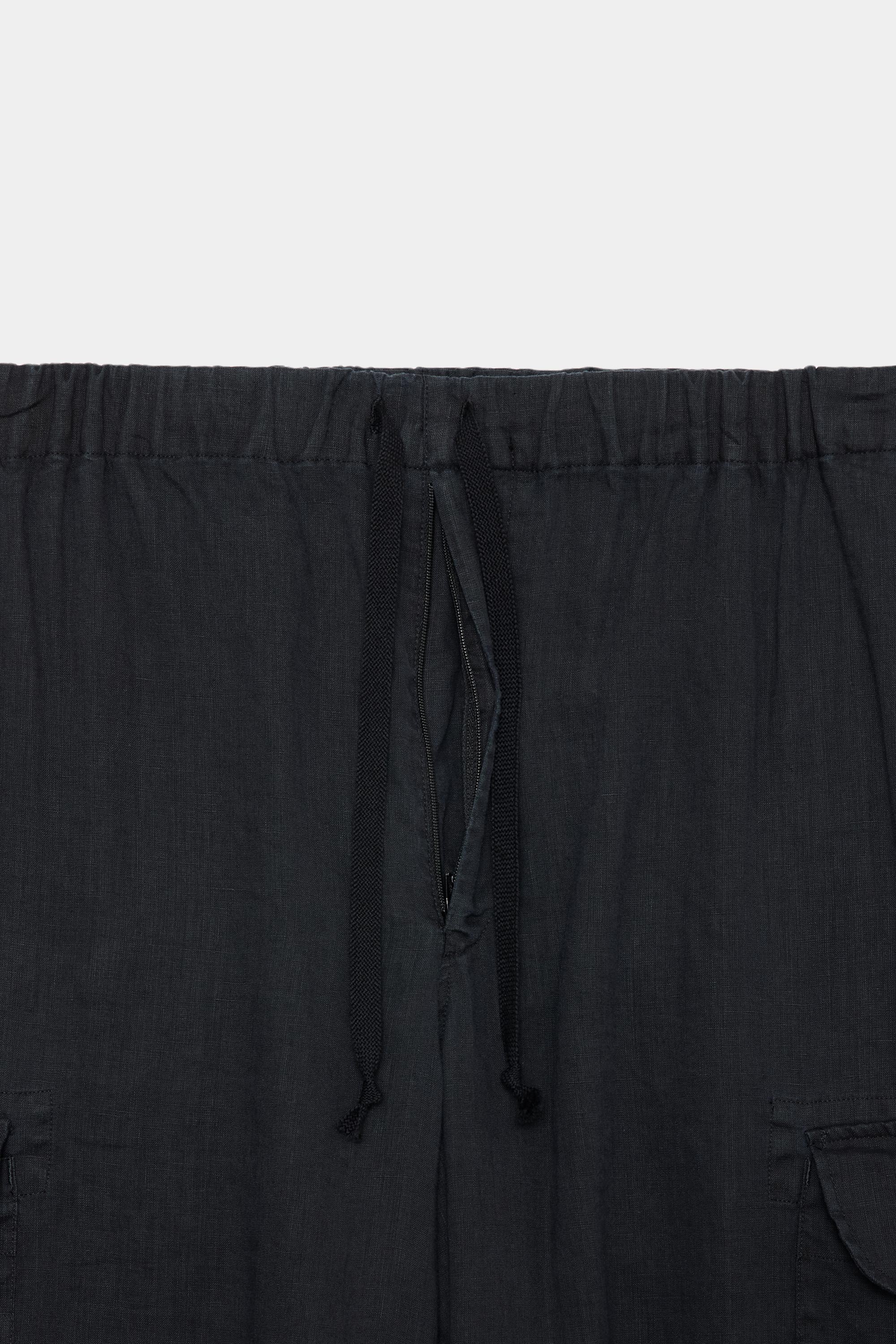 60/- LINEN POPLIN COCOON WIDE CARGO PANTS, Faded Black