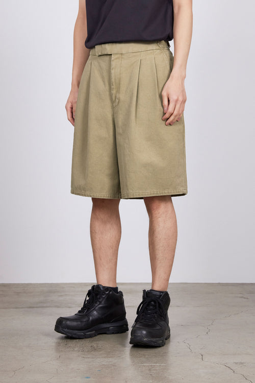 ORGANIC COTTON GABARDINE OFFICER PANTS 2TUCK SHORTS, Beige