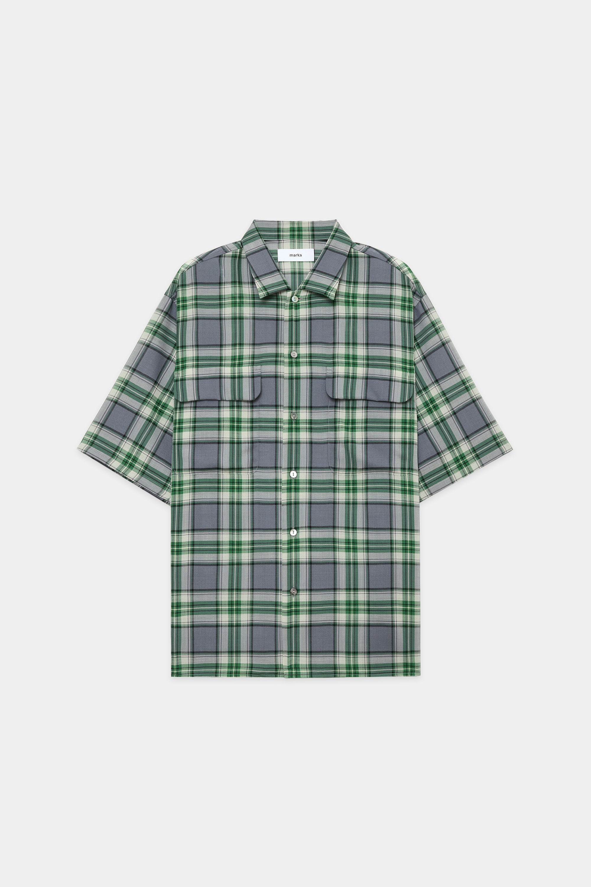 ウール×リサイクルポリエステルビエラ / チェックシャツ S/S, Green Check