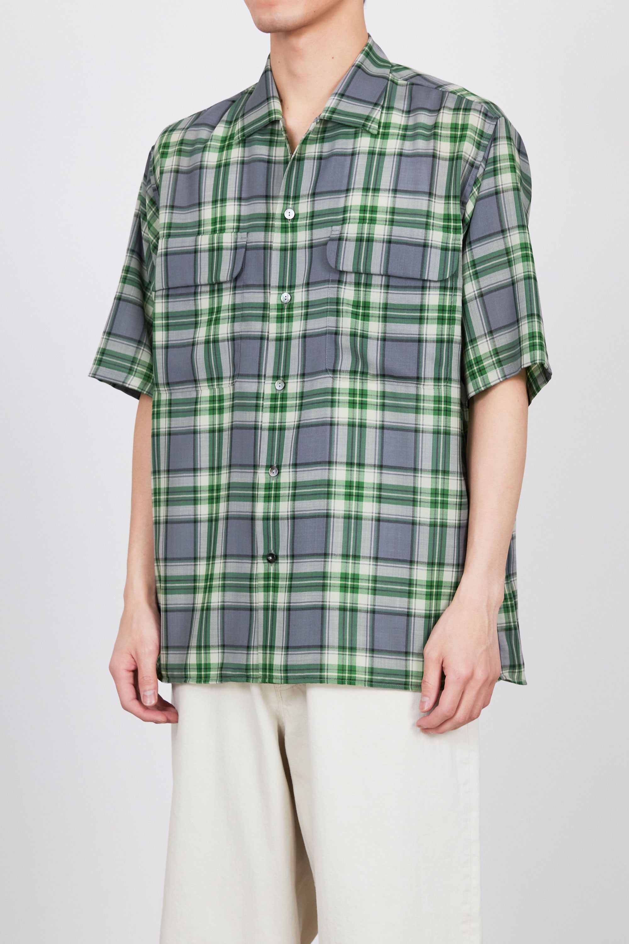 ウール×リサイクルポリエステルビエラ / チェックシャツ S/S, Green Check