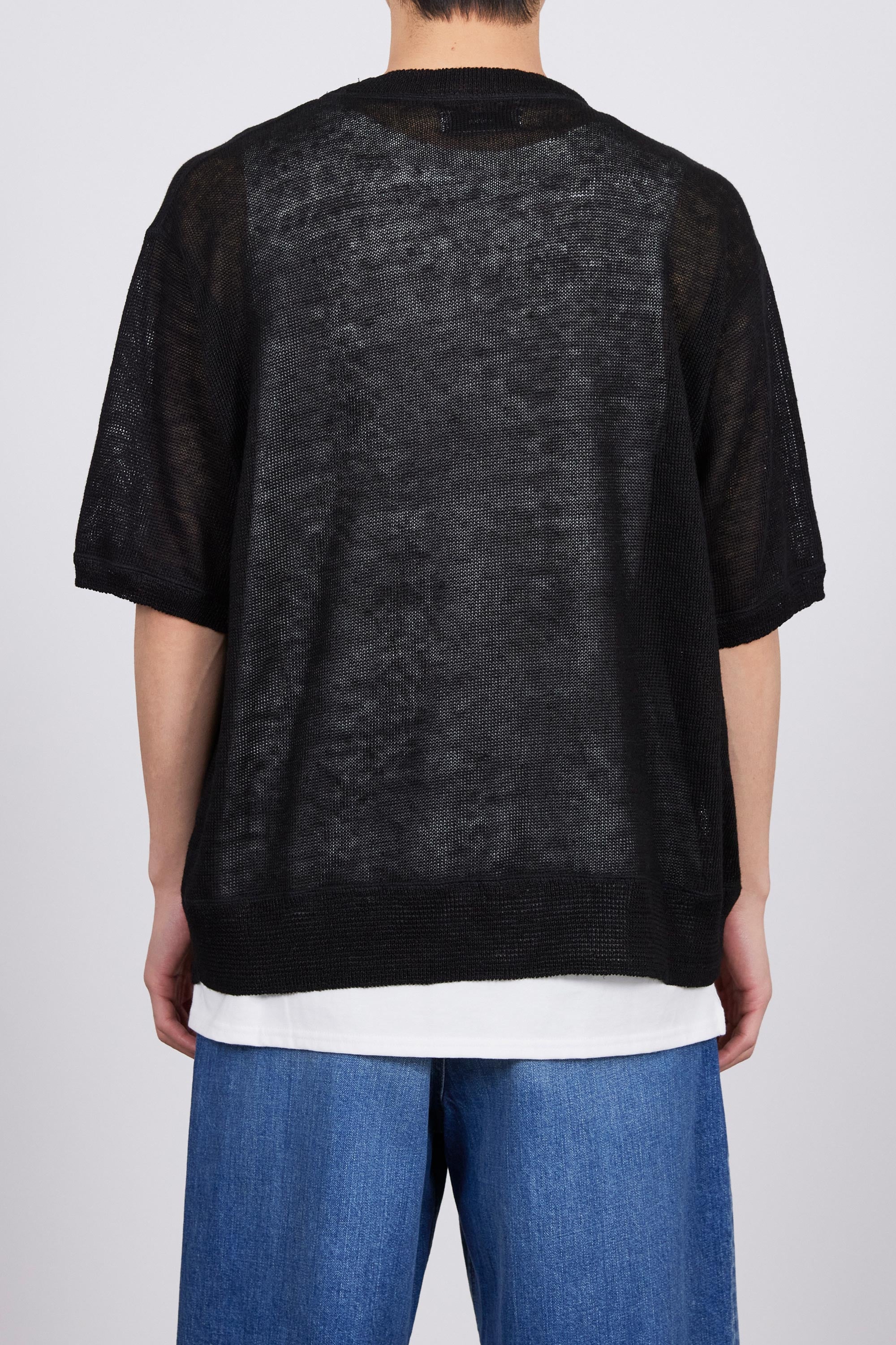 LINEN KNIT LOW GAUGE CREW NECK S/S, Black