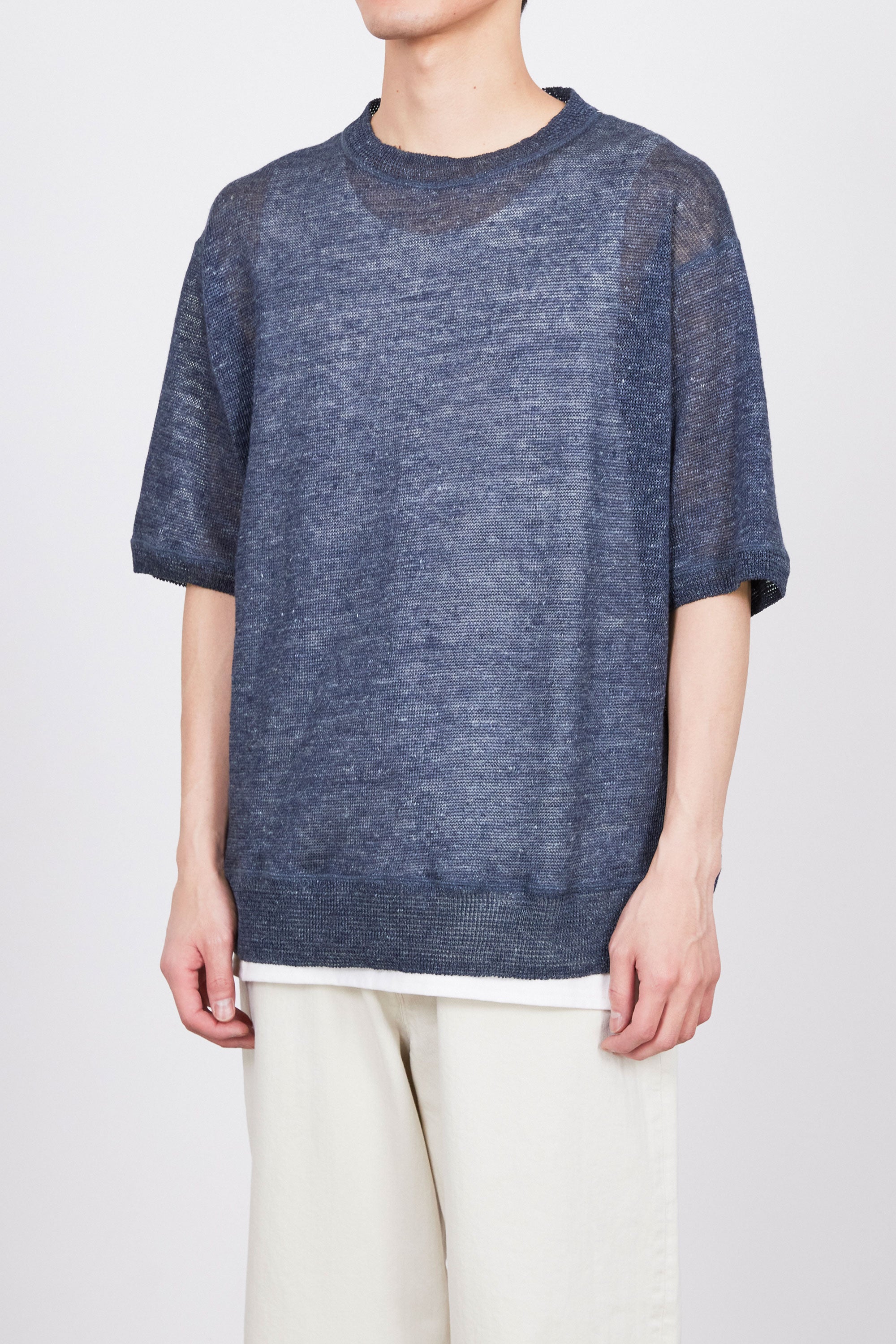 LINEN KNIT LOW GAUGE CREW NECK S/S, Blue